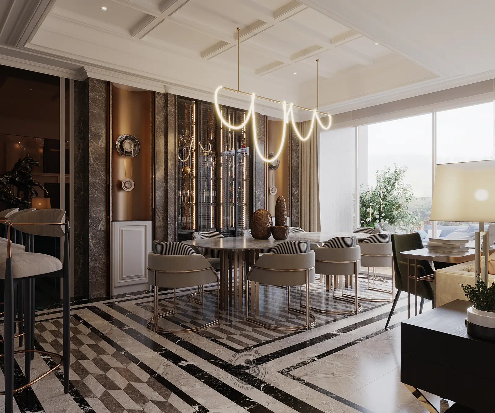 Quầy bar ghế cao cạnh phòng ăn và tủ trưng bày kính – thiết kế nội thất căn hộ Duplex Serenity Sky Villas – LU Design