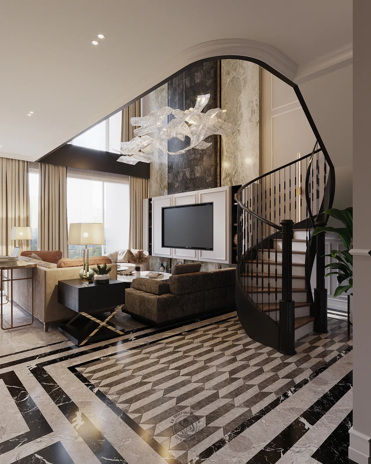Cầu thang xoắn tay vịn đen cạnh vách tivi phòng khách – thiết kế nội thất căn hộ Duplex Serenity Sky Villas – LU Design