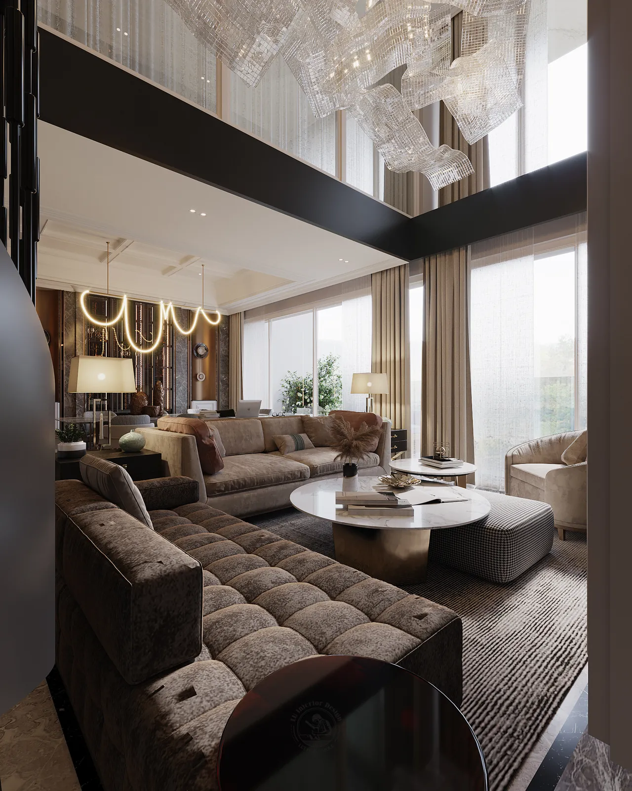 Sofa nhung nâu xám và bàn trà tròn nhìn từ góc phòng khách – thiết kế nội thất căn hộ Duplex Serenity Sky Villas – LU Design
