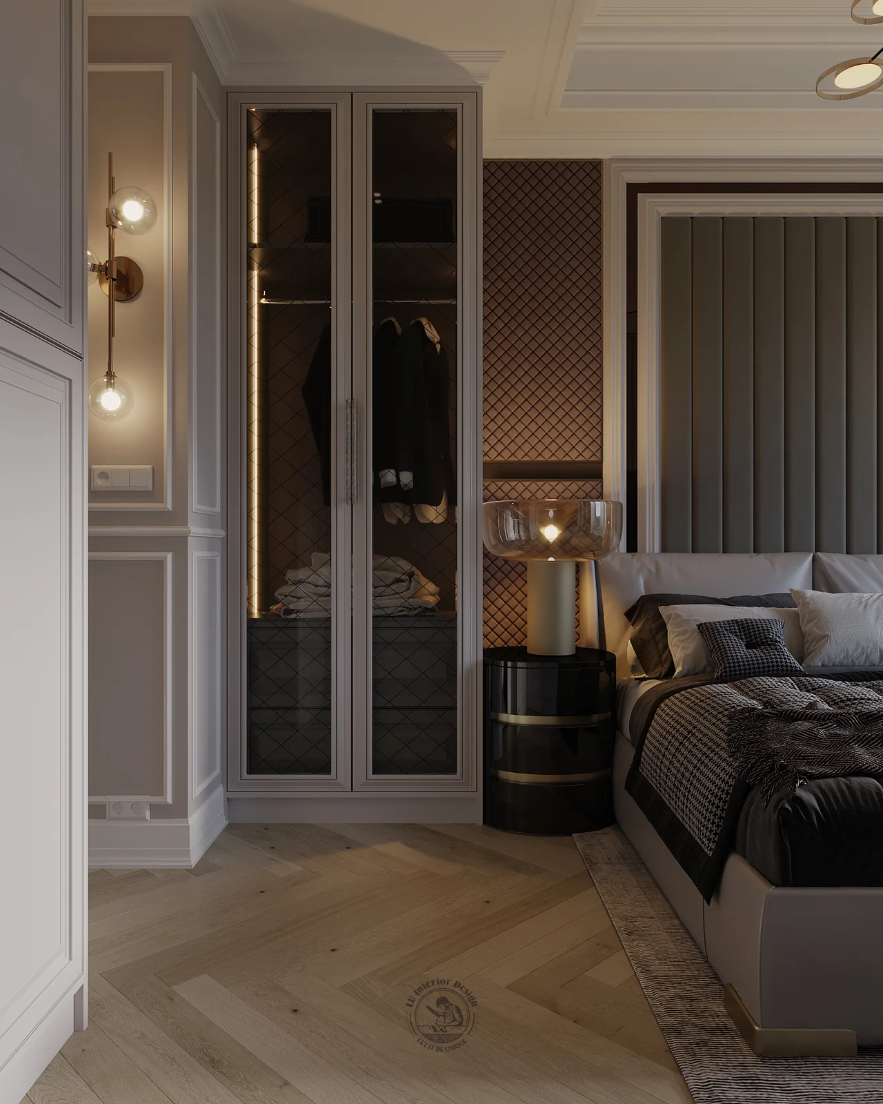 Tủ kính đèn LED và đầu giường nỉ trong phòng ngủ 2 – thiết kế nội thất căn hộ Duplex Serenity Sky Villas – LU Design