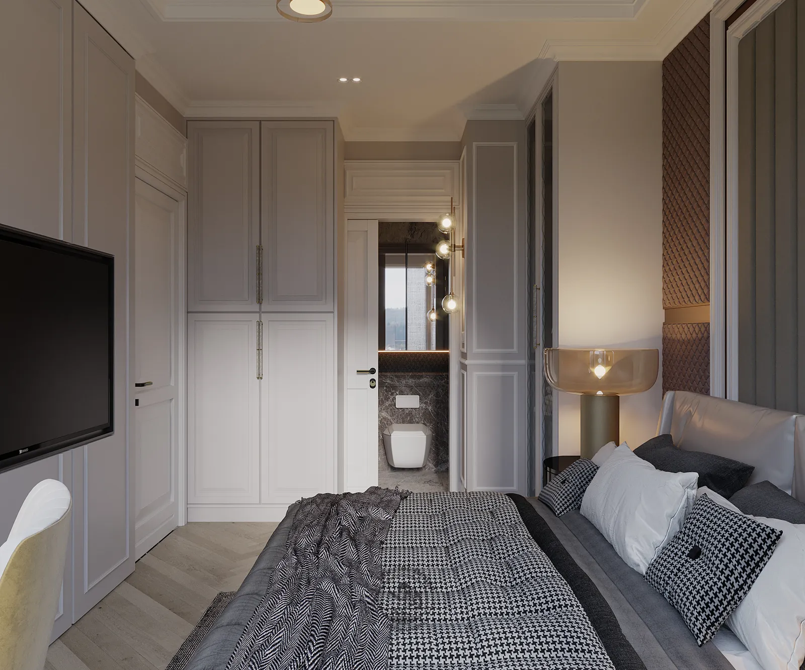 Vách tivi liền tủ áo nhìn từ giường phòng ngủ 2 – thiết kế nội thất căn hộ Duplex Serenity Sky Villas – LU Design