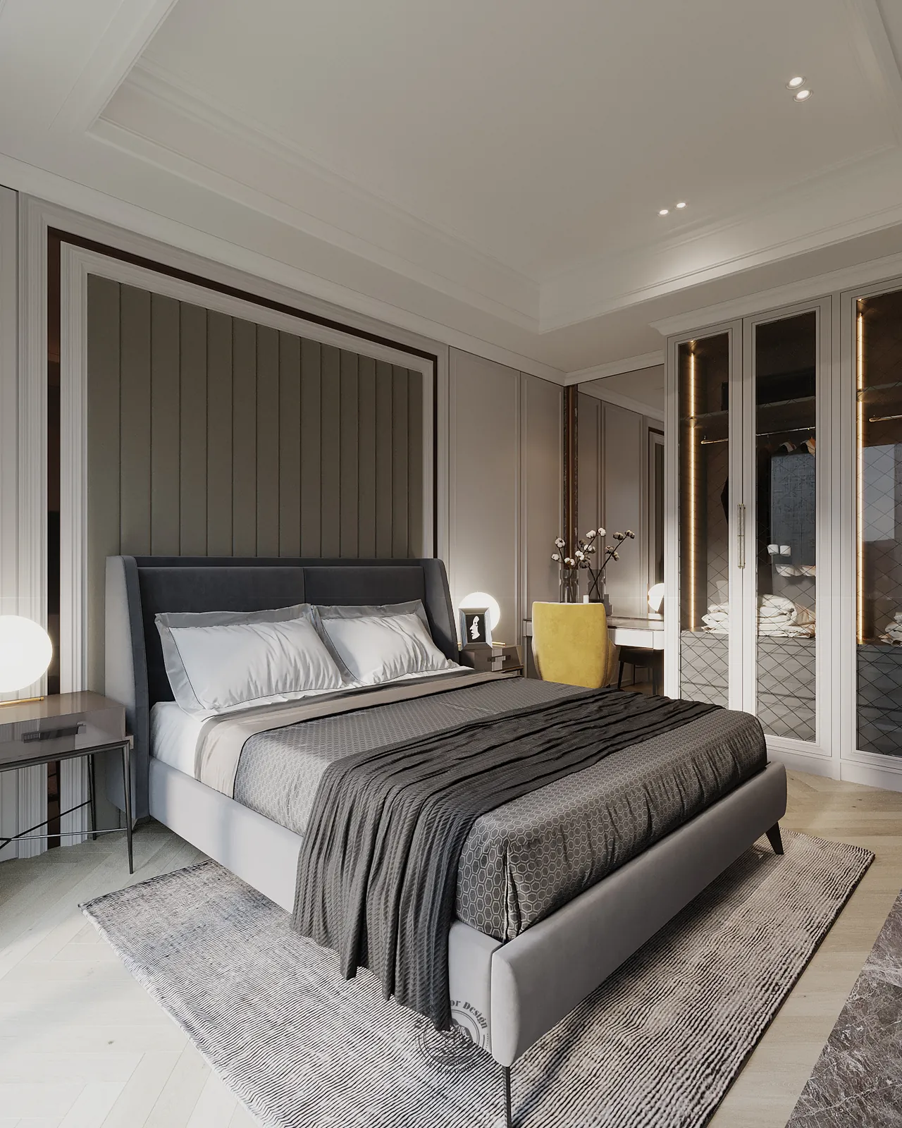 Giường bọc nỉ xám và tủ áo kính trong phòng ngủ 3 – thiết kế nội thất căn hộ Duplex Serenity Sky Villas – LU Design