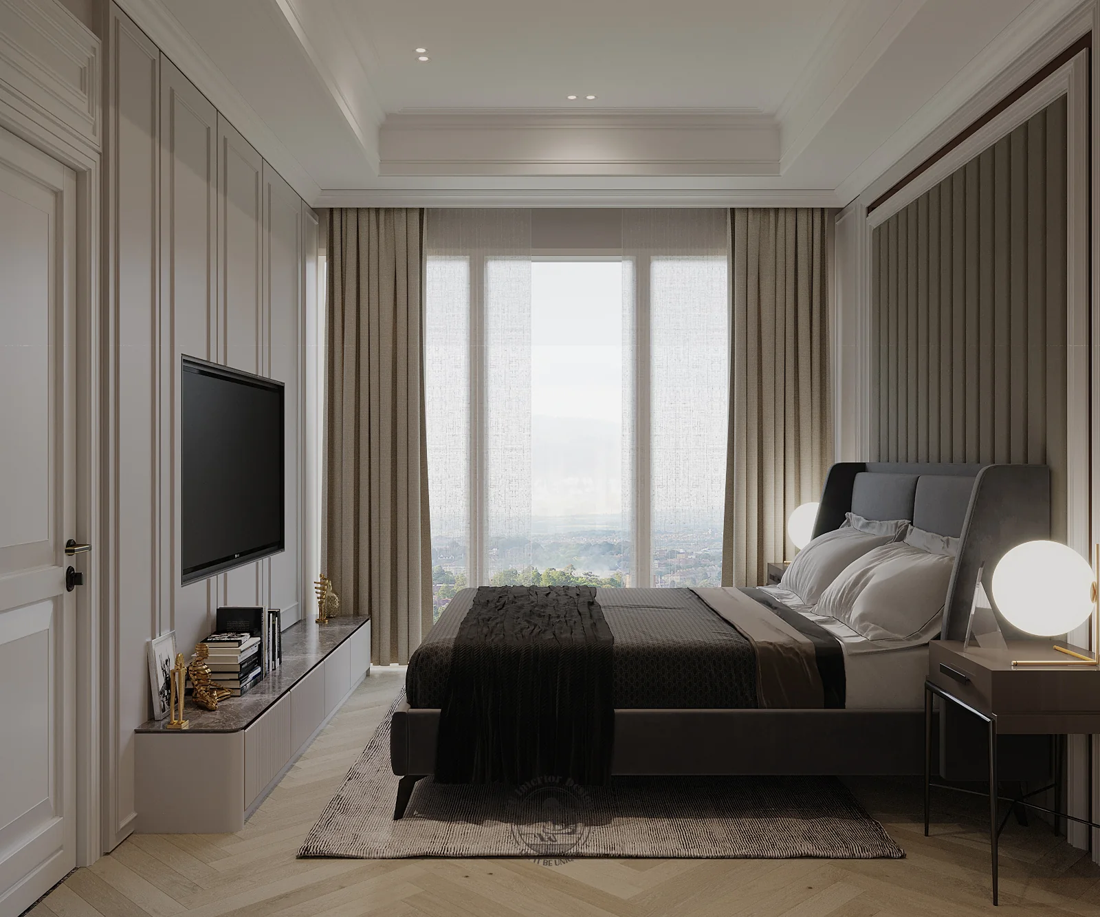 Vách tivi cạnh cửa sổ lớn trong phòng ngủ 3 – thiết kế nội thất căn hộ Duplex Serenity Sky Villas – LU Design