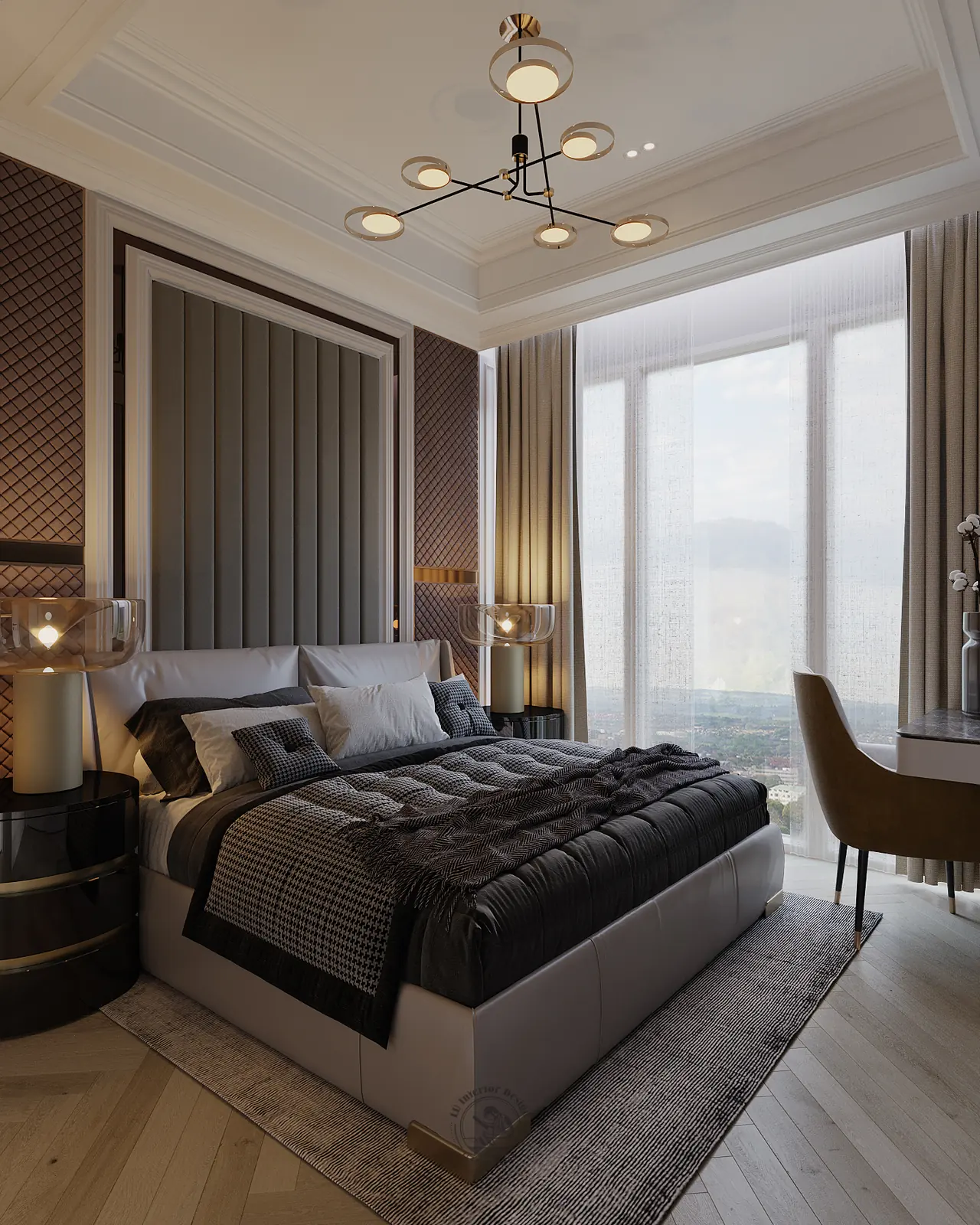 Bàn làm việc cạnh cửa sổ trong phòng ngủ 2 – thiết kế nội thất căn hộ Duplex Serenity Sky Villas – LU Design
