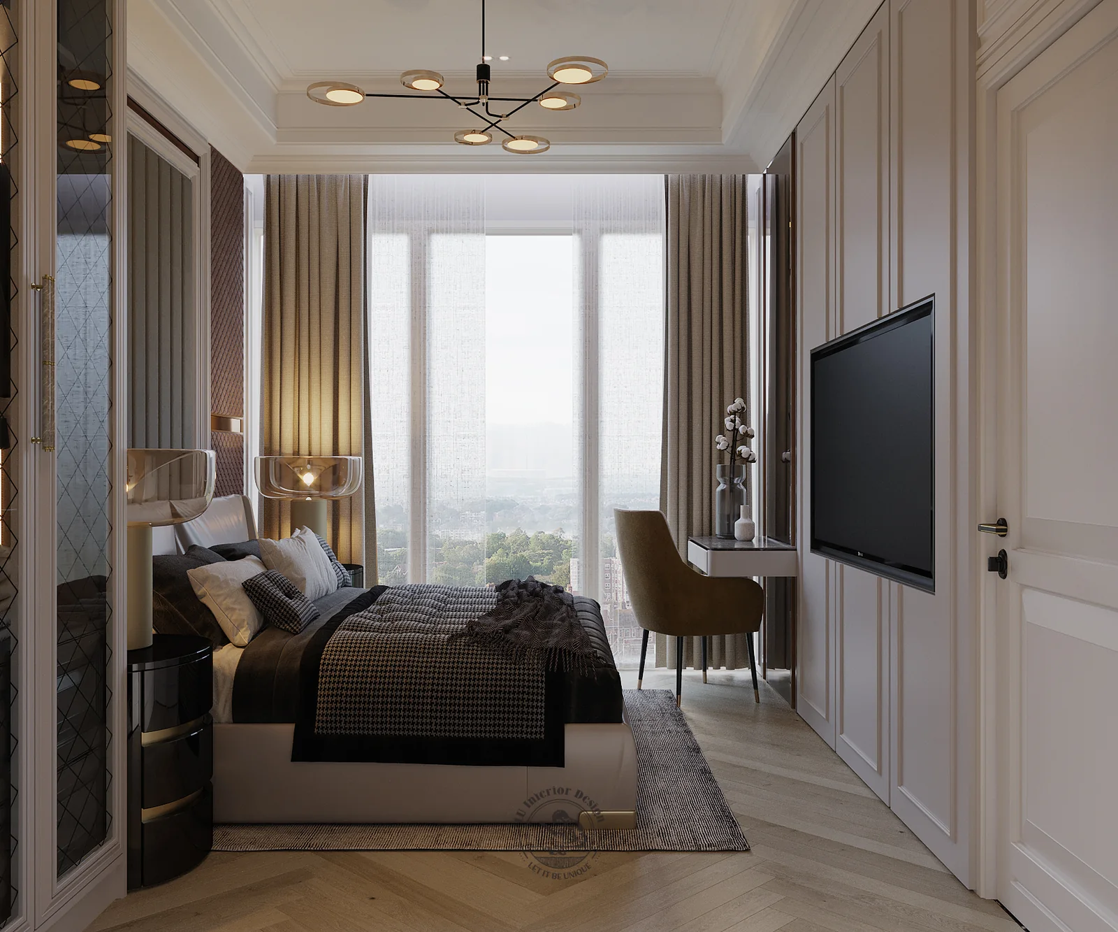 Phòng ngủ 2 với tủ áo cửa kính và tivi treo tường – thiết kế nội thất căn hộ Duplex Serenity Sky Villas – LU Design