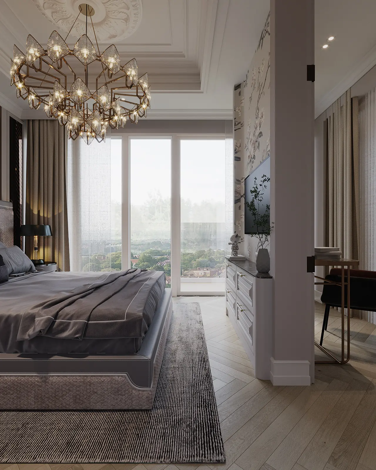 Phòng master với đèn chùm và cửa kính kịch trần – thiết kế nội thất căn hộ Duplex Serenity Sky Villas – LU Design