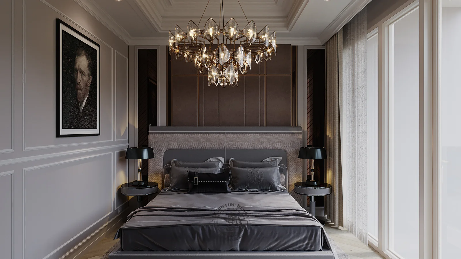 Phòng ngủ master đèn chùm pha lê và đầu giường bọc da xám – thiết kế nội thất căn hộ Duplex Serenity Sky Villas – LU Design