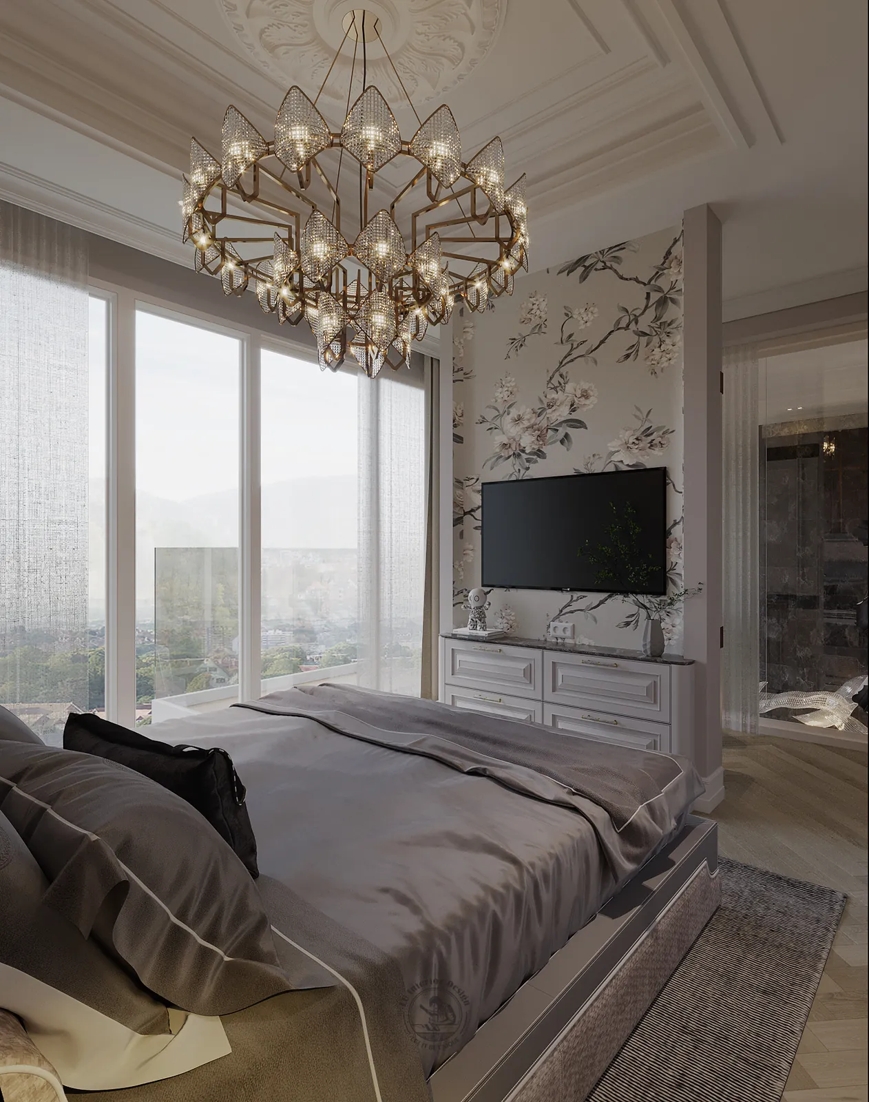 Góc phòng master với tường giấy dán họa tiết hoa và tivi – thiết kế nội thất căn hộ Duplex Serenity Sky Villas – LU Design