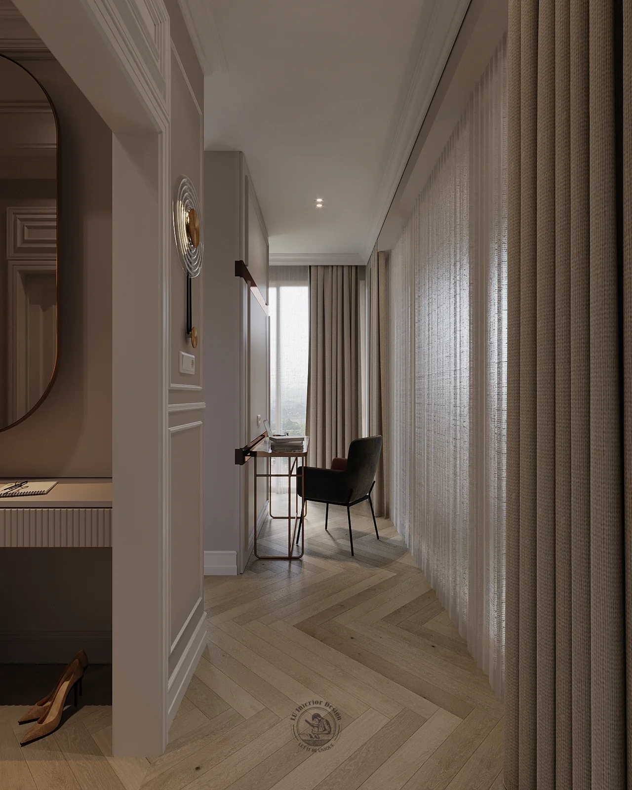 Góc làm việc sát cửa kính trong phòng ngủ master – thiết kế nội thất căn hộ Duplex Serenity Sky Villas – LU Design