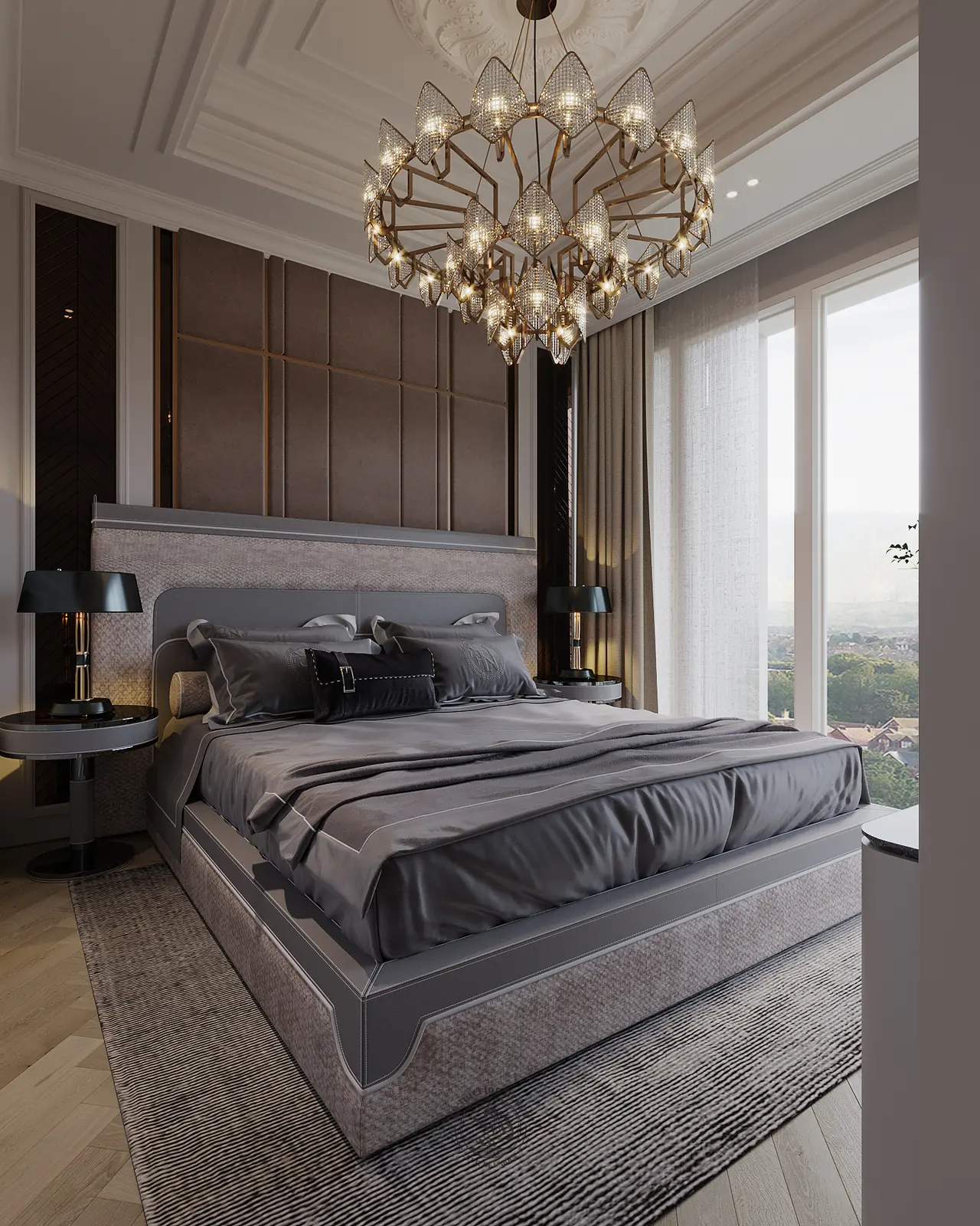 Giường ngủ master cạnh cửa kính nhìn ra thành phố – thiết kế nội thất căn hộ Duplex Serenity Sky Villas – LU Design