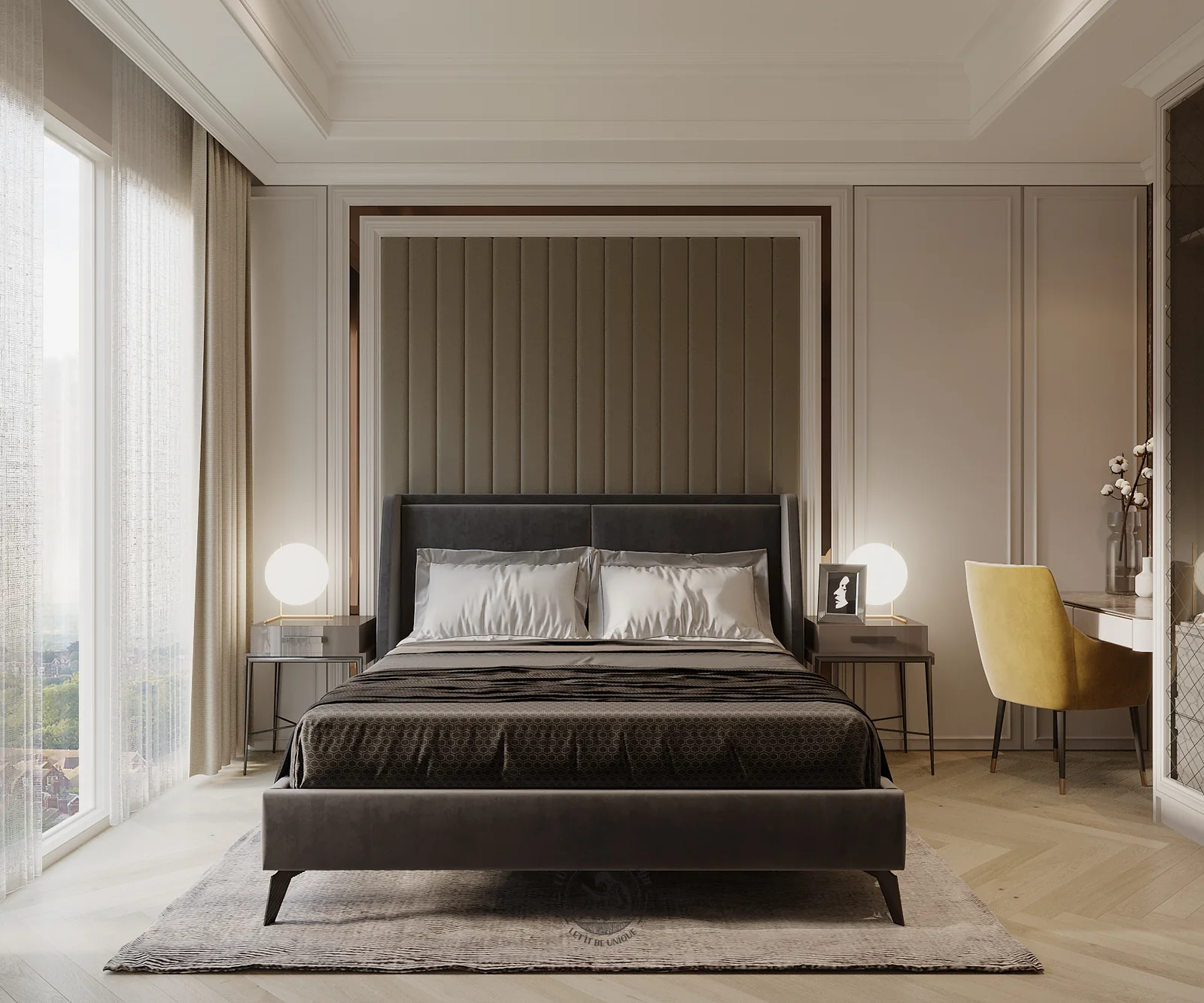 Phòng ngủ 3 tông xám với ghế vàng mù tạt – thiết kế nội thất căn hộ Duplex Serenity Sky Villas – LU Design