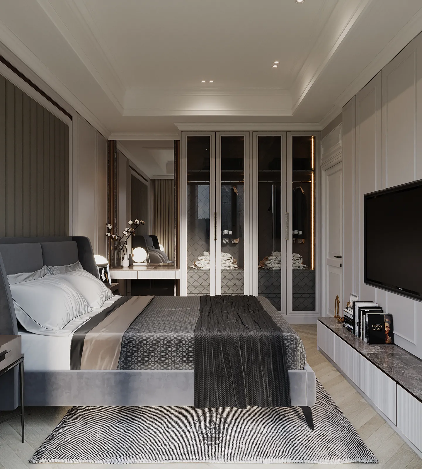 Phòng ngủ 3 nhìn về tủ áo cửa kính và bàn trang điểm – thiết kế nội thất căn hộ Duplex Serenity Sky Villas – LU Design
