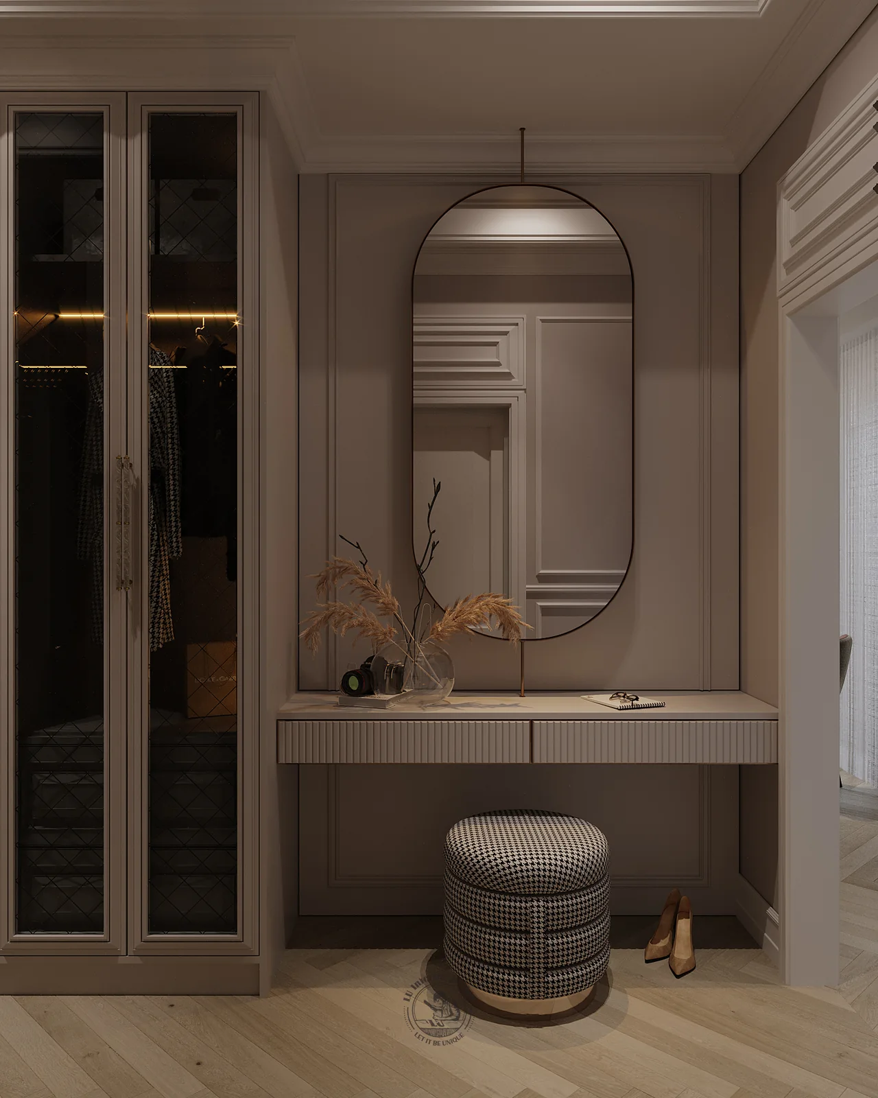 Bàn trang điểm gương bầu dục và đôn bọc vải trong phòng thay đồ – thiết kế nội thất căn hộ Duplex Serenity Sky Villas – LU Design