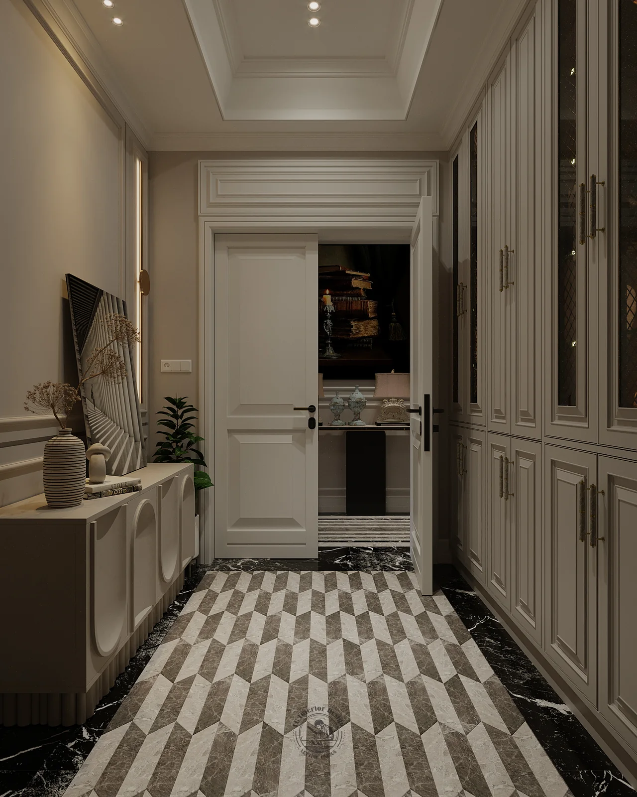Sảnh vào nhà với tủ giày ốp phào và sàn đá chevron – thiết kế nội thất căn hộ Duplex Serenity Sky Villas – LU Design