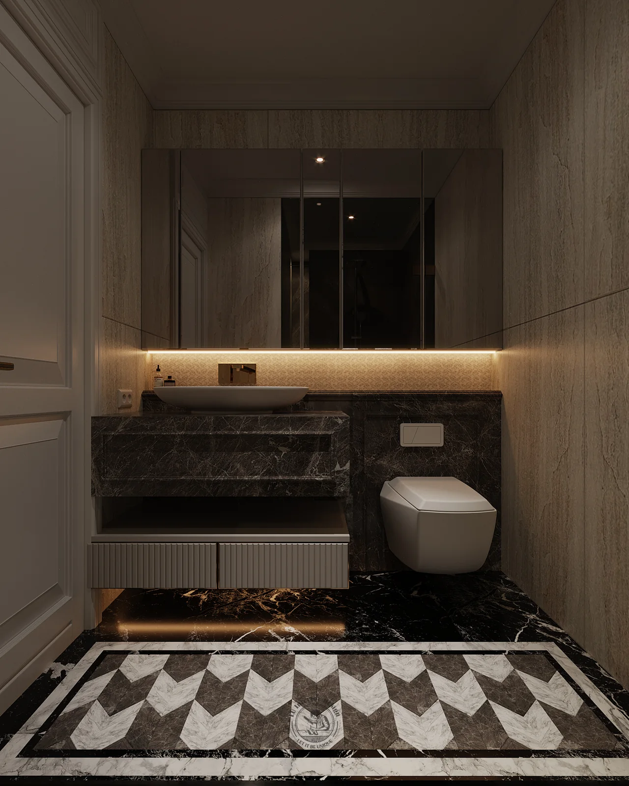 Phòng tắm master lavabo đá marble đen và sàn đá chevron – thiết kế nội thất căn hộ Duplex Serenity Sky Villas – LU Design