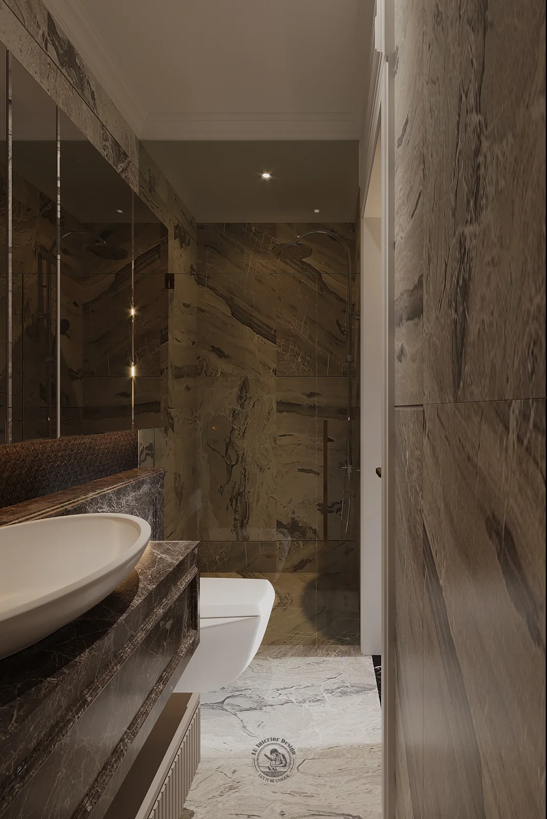 Phòng tắm phòng ngủ 2 ốp đá marble nâu và lavabo đá – thiết kế nội thất căn hộ Duplex Serenity Sky Villas – LU Design