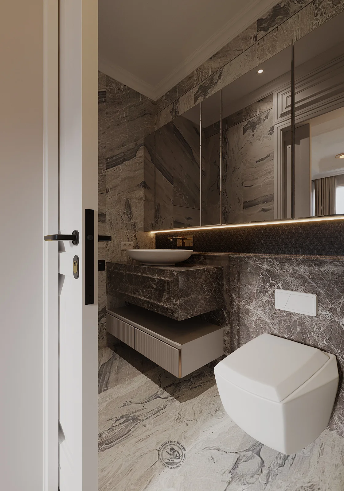 Lavabo đá trên tủ treo và bồn cầu treo tường – thiết kế nội thất căn hộ Duplex Serenity Sky Villas – LU Design