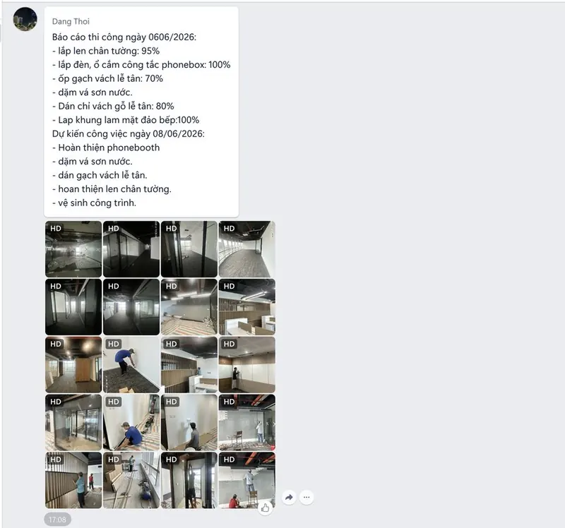 Báo cáo thi công hằng ngày gửi qua group Zalo dự án, kèm hình ảnh thực tế công trường