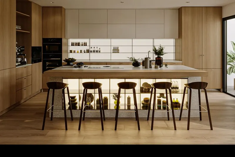 Phối cảnh bếp đảo gỗ sồi — gói Thiết kế nội thất LU Design