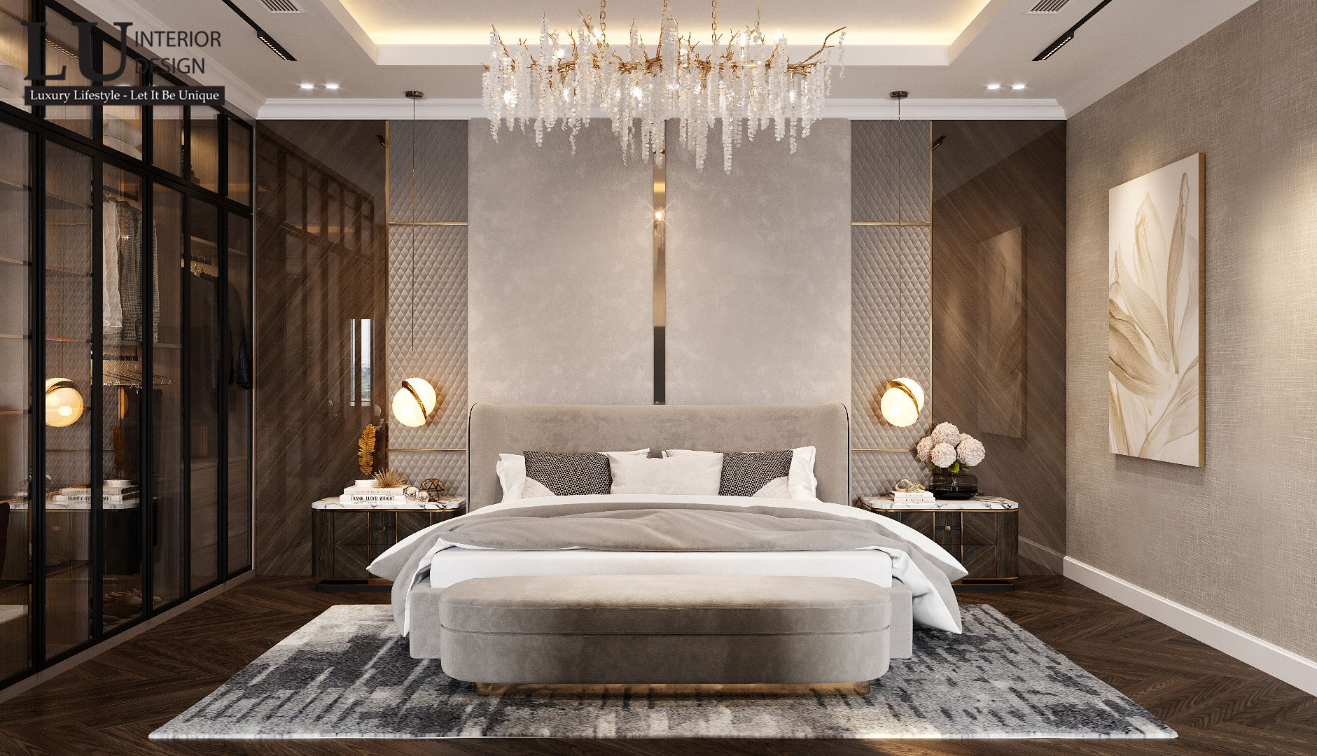 Chiếc giường master cỡ lớn đem trải nghiệm thư giãn thành một trải nghiệm đầy trang trọng | Biệt thự Tân Phú - LU Design.