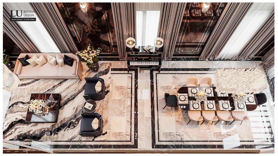 Phòng khách mang phong cách Tân Cổ Điển, sử dụng vật liệu đá làm sàn chính | Dự án Tân Phú Villa