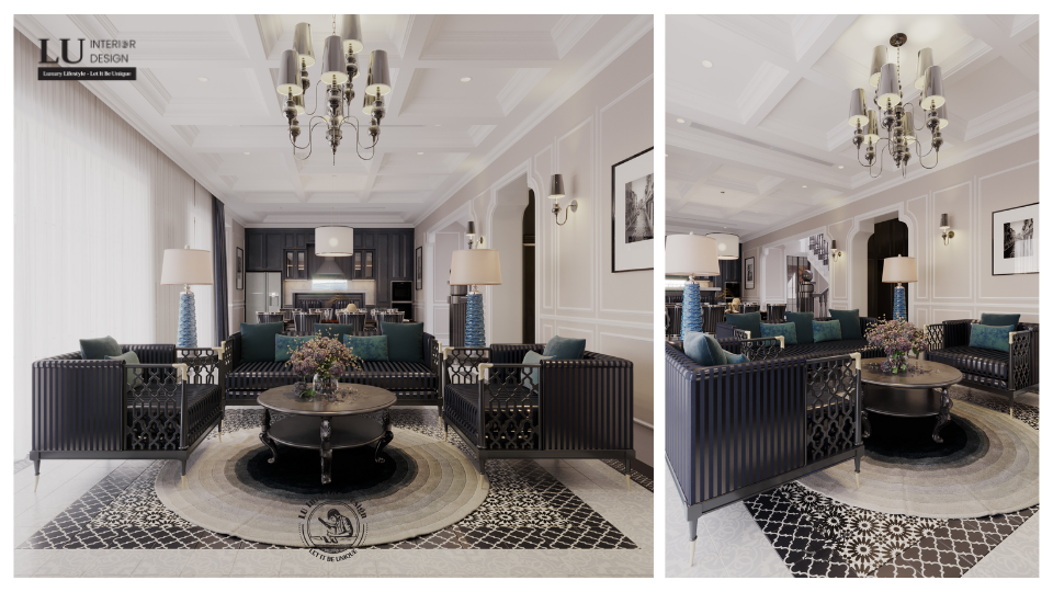 Phòng khách với tone trắng đen, cùng kiểu thiết kế bàn và ghế phong cách Indochine | Dự án Swan Bay