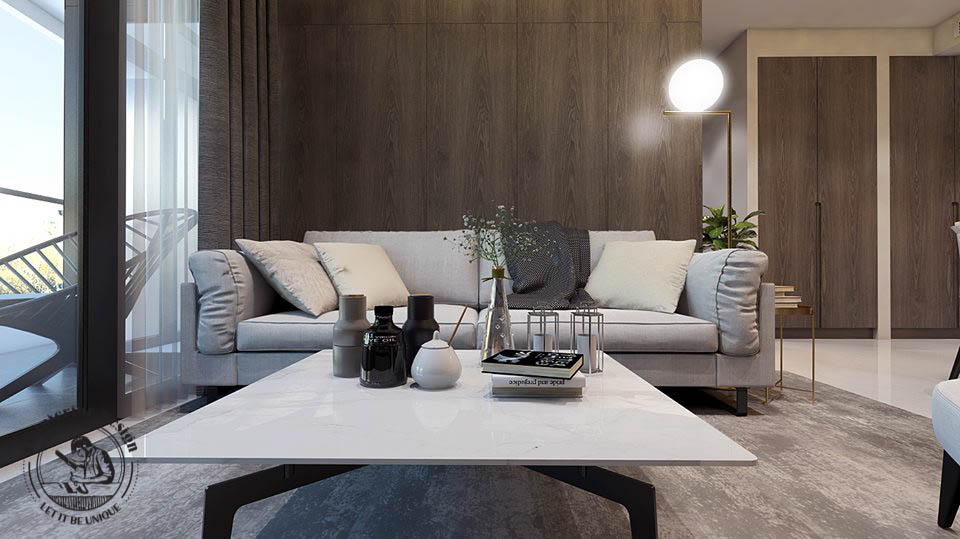 Thiết kế nội thất phòng khách với gam màu xám nổi bật | Dự án căn hộ Mộc Apartment.
