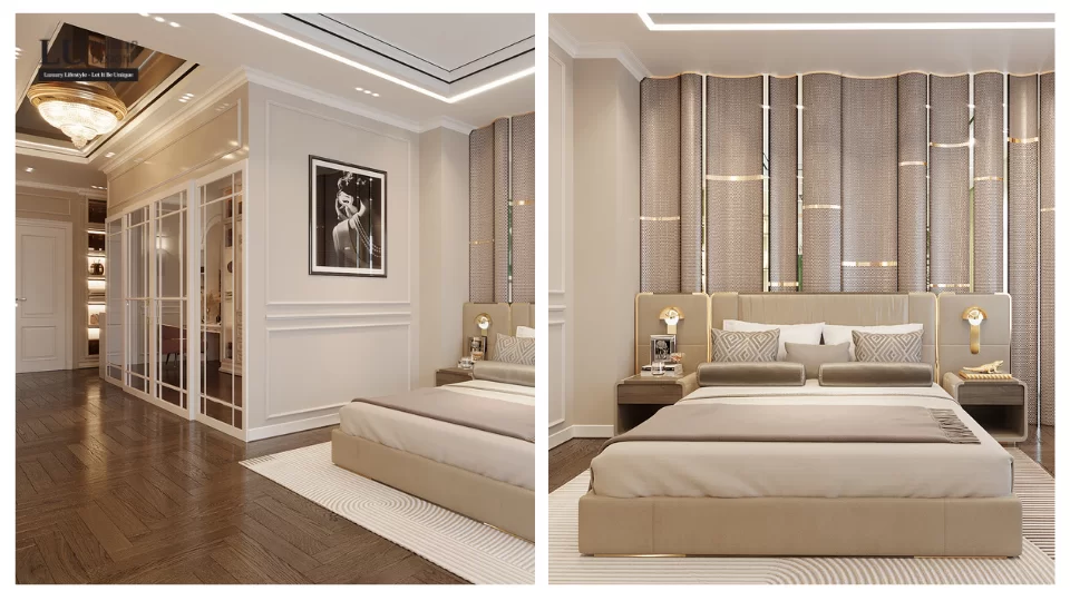 Phòng ngủ master cùng tone kem, đường nét ánh vàng - vẻ kiêu sa trong tính cách gia chủ được thể hiện rõ nét ở không gian này  | Dự án Townhouse