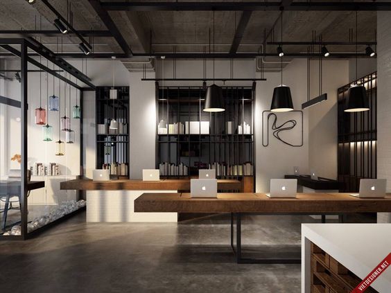 Trần thô và màu sắc tối của thiết kế nội thất văn phòng công ty phong cách công nghiệp | Nguồn: Internet