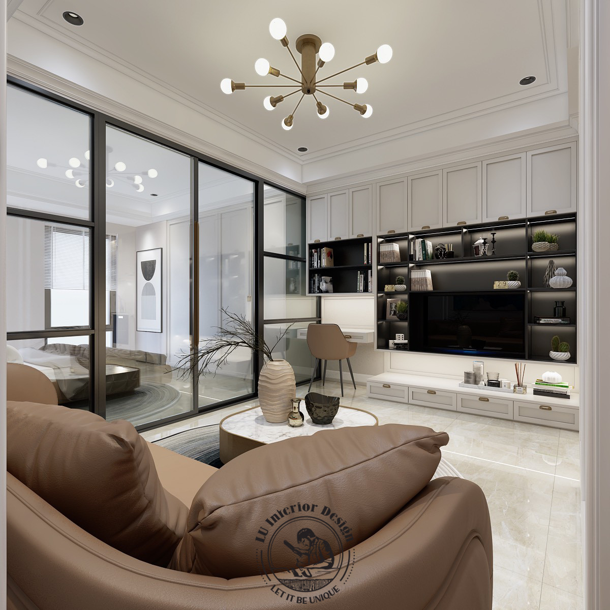Thiết kế kệ tivi kết hợp tủ trang trí cho phòng khách hiện đại | LU Design thực hiện.