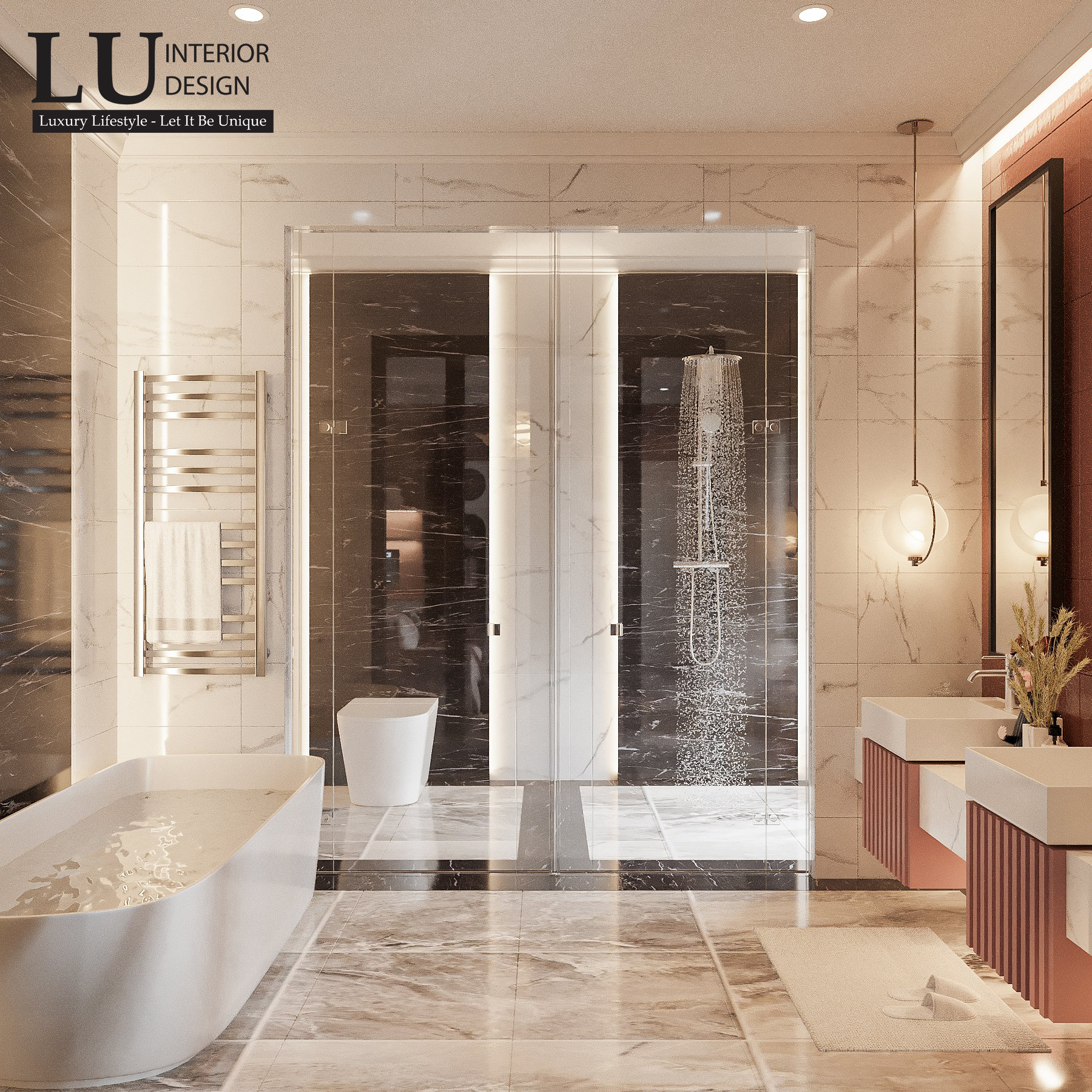 Thiết kế nội thất phòng vệ sinh cũng ngập tràn sắc hồng, tones-sur-tone với phòng ngủ.