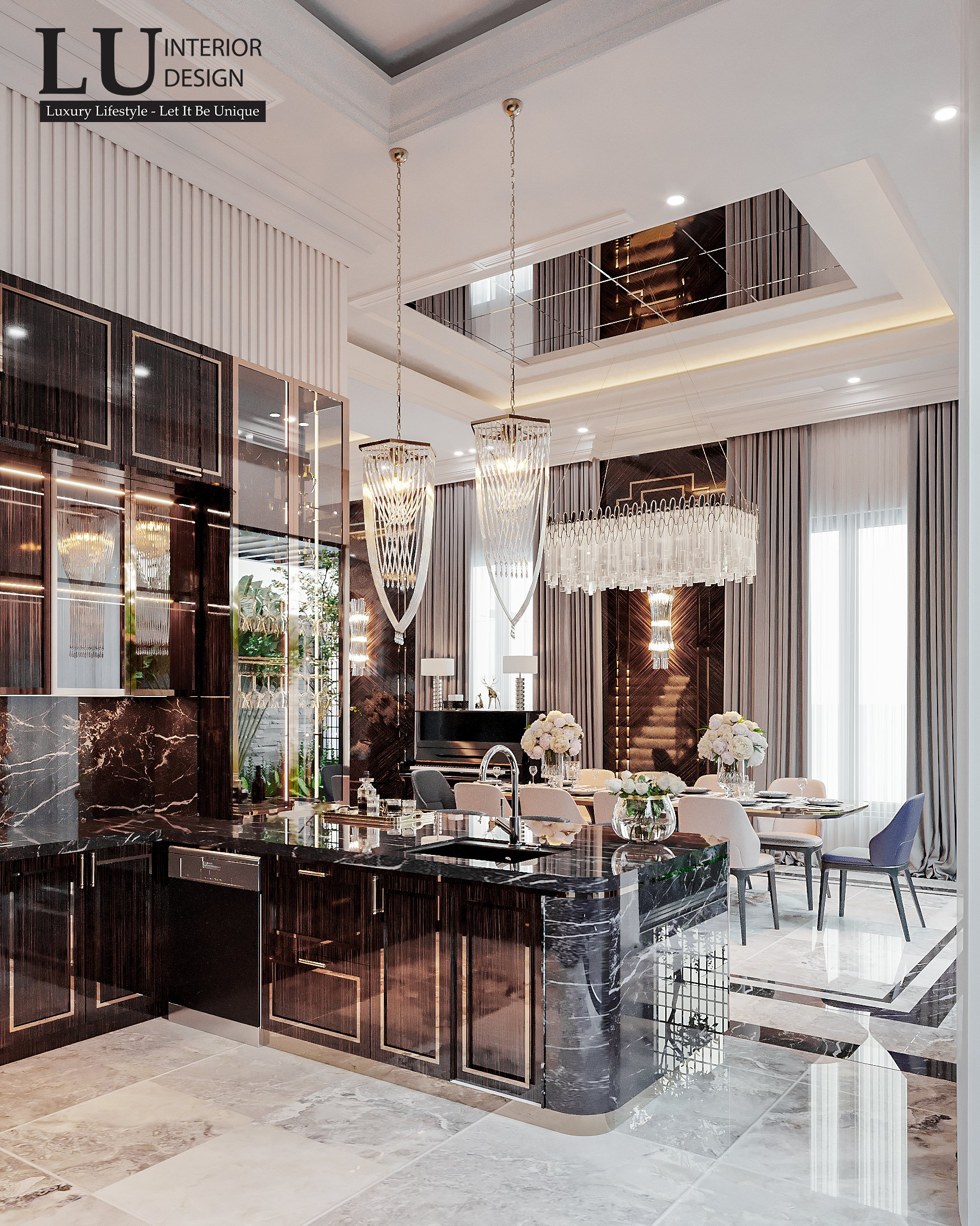 Khu vực bếp và bàn ăn được đặt cạnh nhau tạo nên sự kết nối, tiện nghi | Biệt thự Tân Phú - LU Design