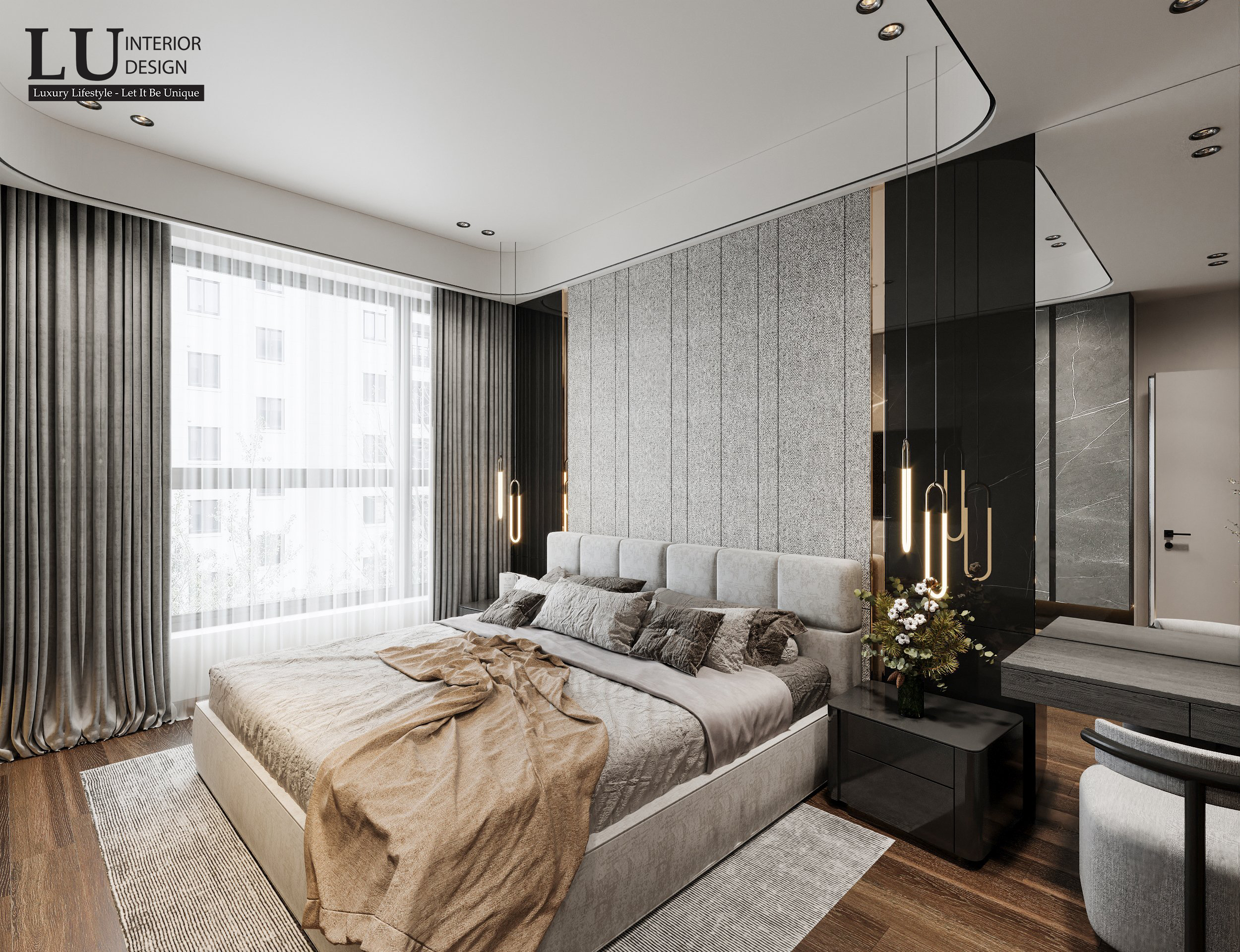 Phòng ngủ với tone màu tường và đồ nội thất trung tính nhưng vẫn toát lên vẻ đẹp sang trọng bởi sự nhấn nhá của sàn gỗ và ánh sáng | Căn hộ The Marq - LU Design.