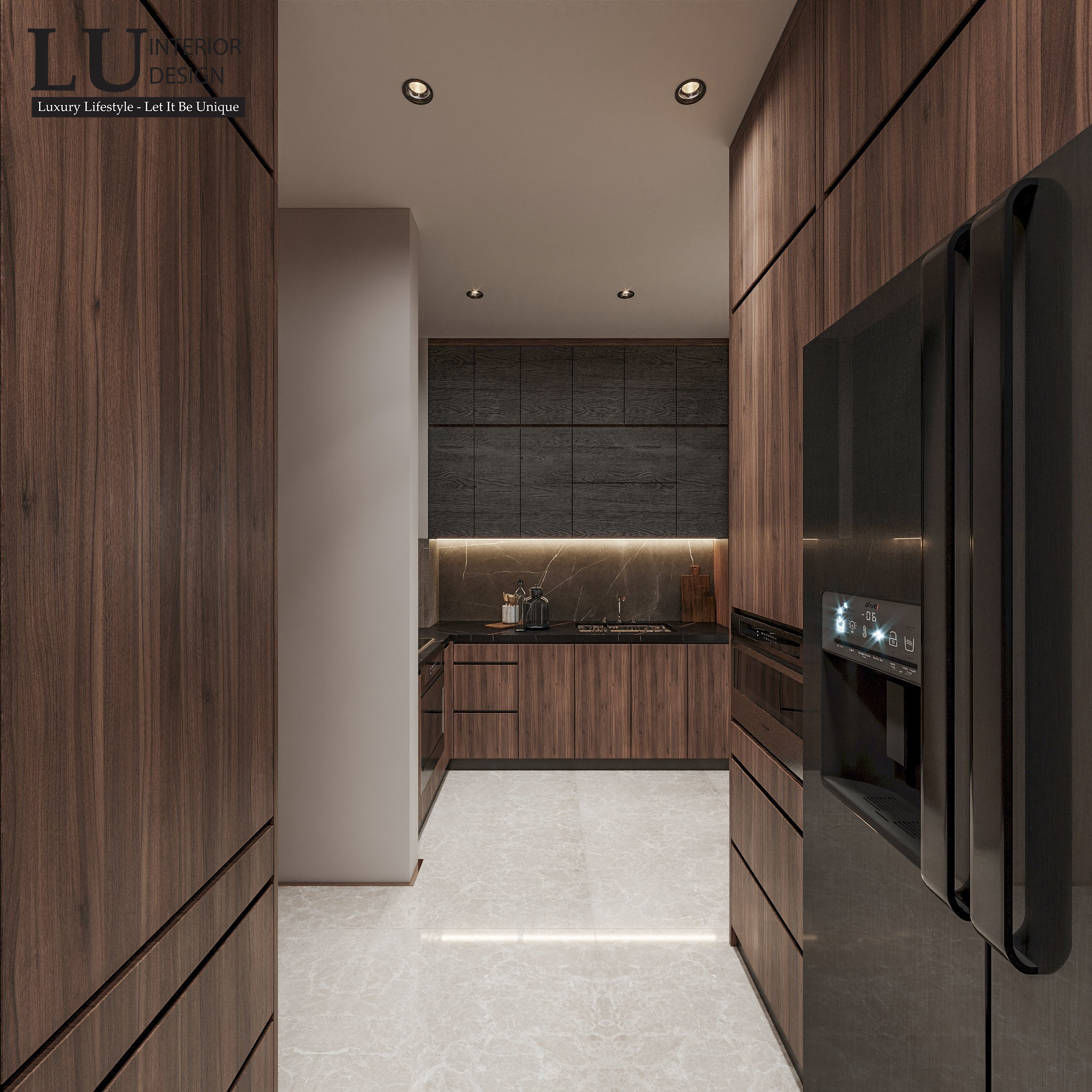 Toàn bộ nội thất phòng bếp đều được ốp bằng gỗ tự nhiên cao cấp mang đến vẻ đẹp sang trọng và hiện đại.