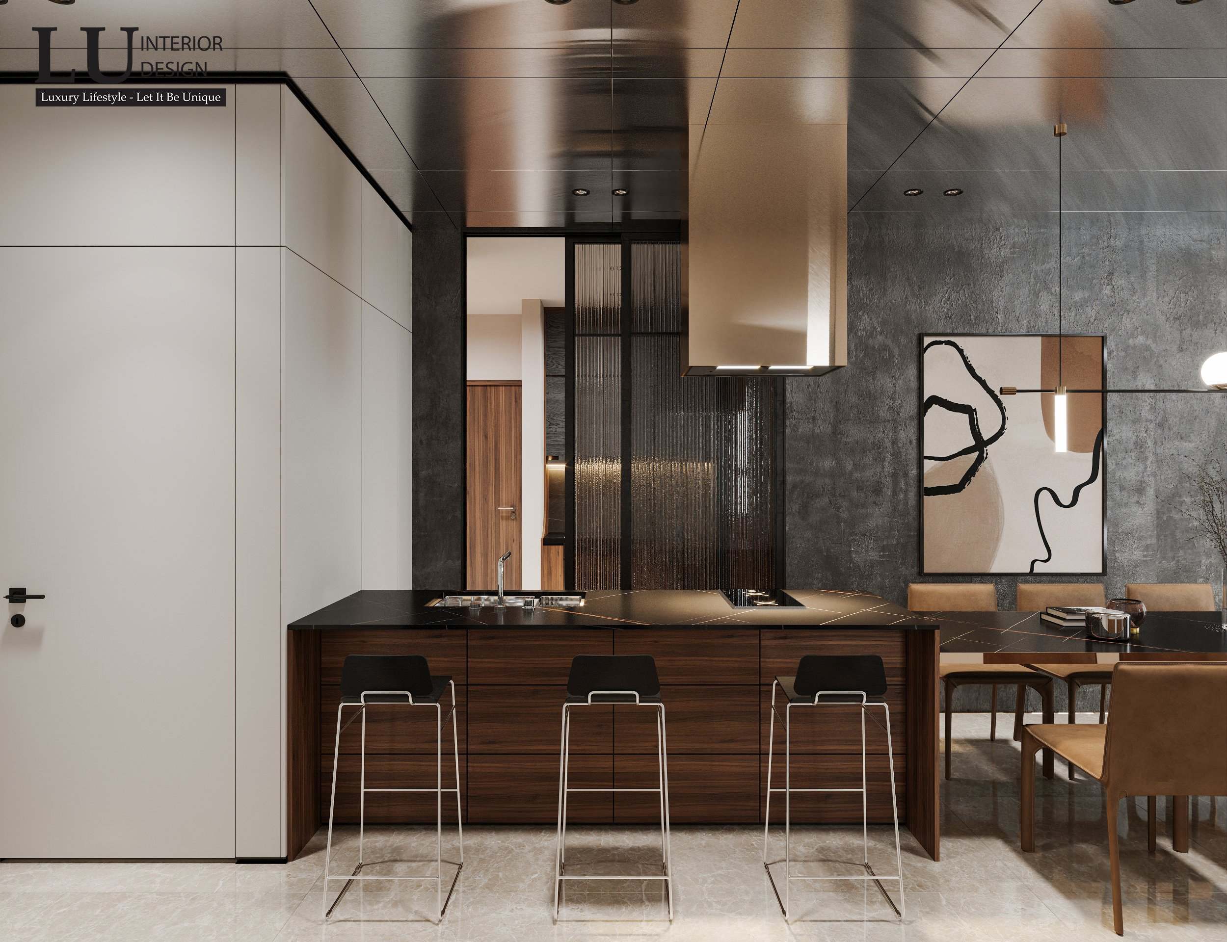Khu vực bếp nấu được thiết kế nối liền với bàn ăn và phòng khách tạo không gian tiện nghi và ấm cúng.
