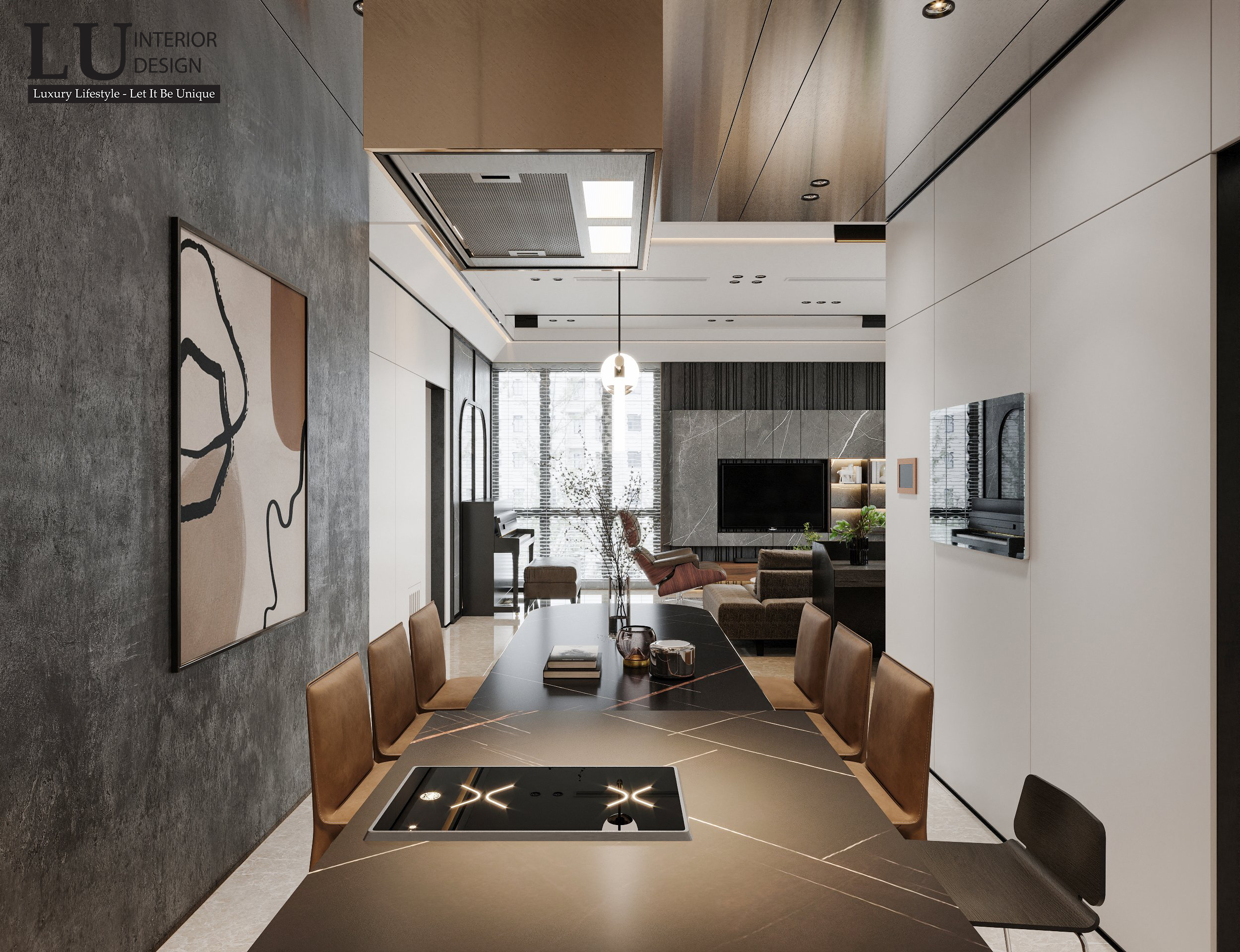 Bỏ đi vách ngăn không cần thiết, phòng khách và khu vực bếp - ăn dễ dàng tạo được sự kết nối và đồng nhất về phong cách | Căn hộ The Marq - LU Design
