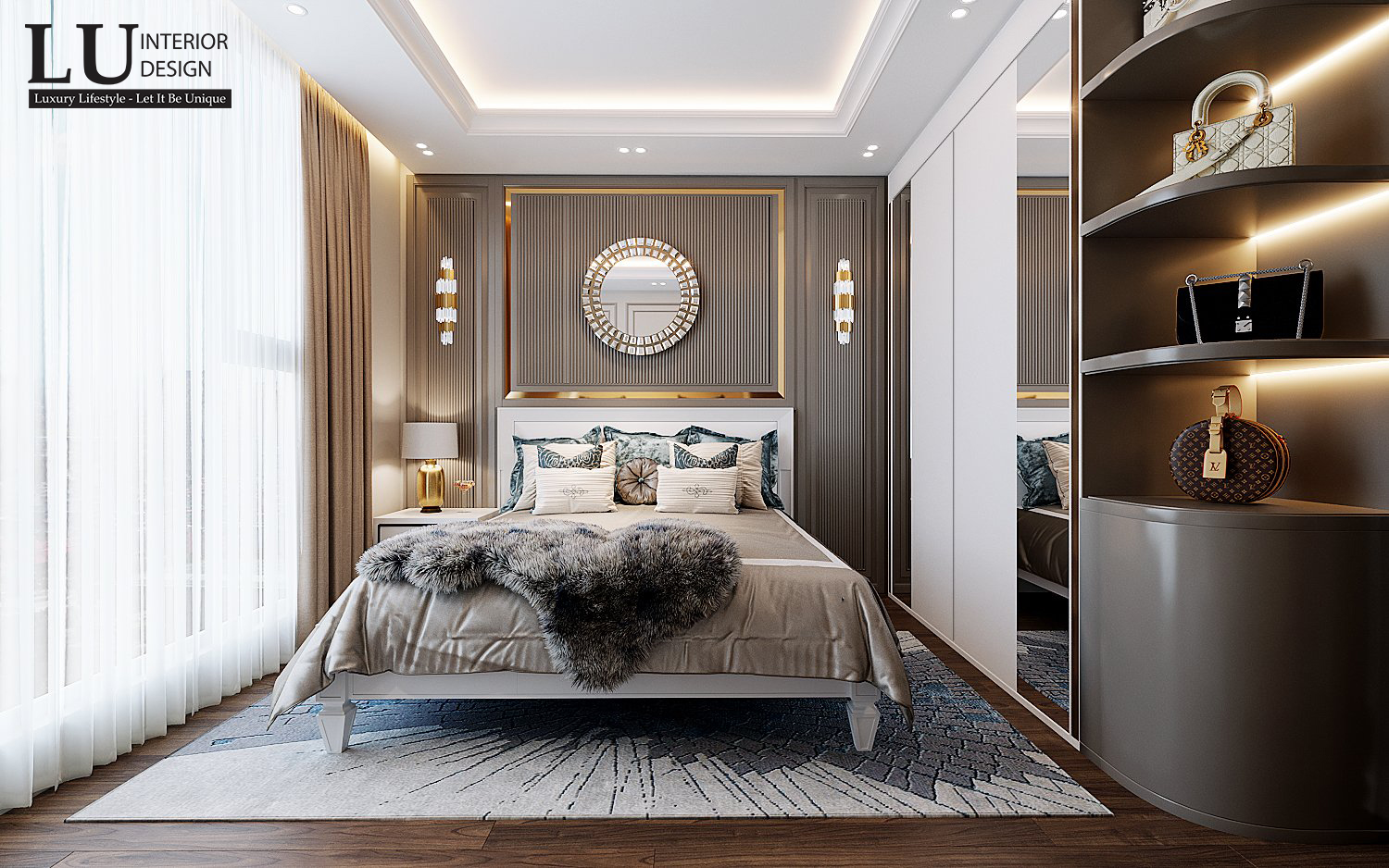 Thiết kế nội thất phòng ngủ master từ giường ngủ, kệ tivi, bàn trang điểm hay tủ áo đều được bố trí hài hòa, ngăn nắp và có tính kết nối với nhau, cực kỳ tiện dụng - Thiết kế căn hộ Saigon Royal bởi LU Design.