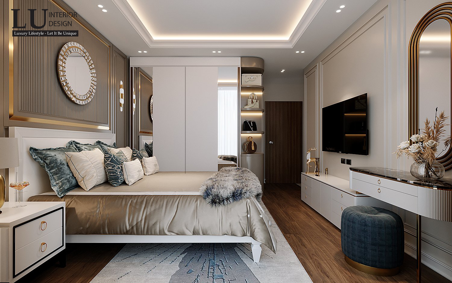 Thiết kế phòng ngủ master hiện đại hướng đến sự sang trọng, tiện nghi và đẳng cấp - Thiết kế căn hộ Saigon Royal bởi LU Design.