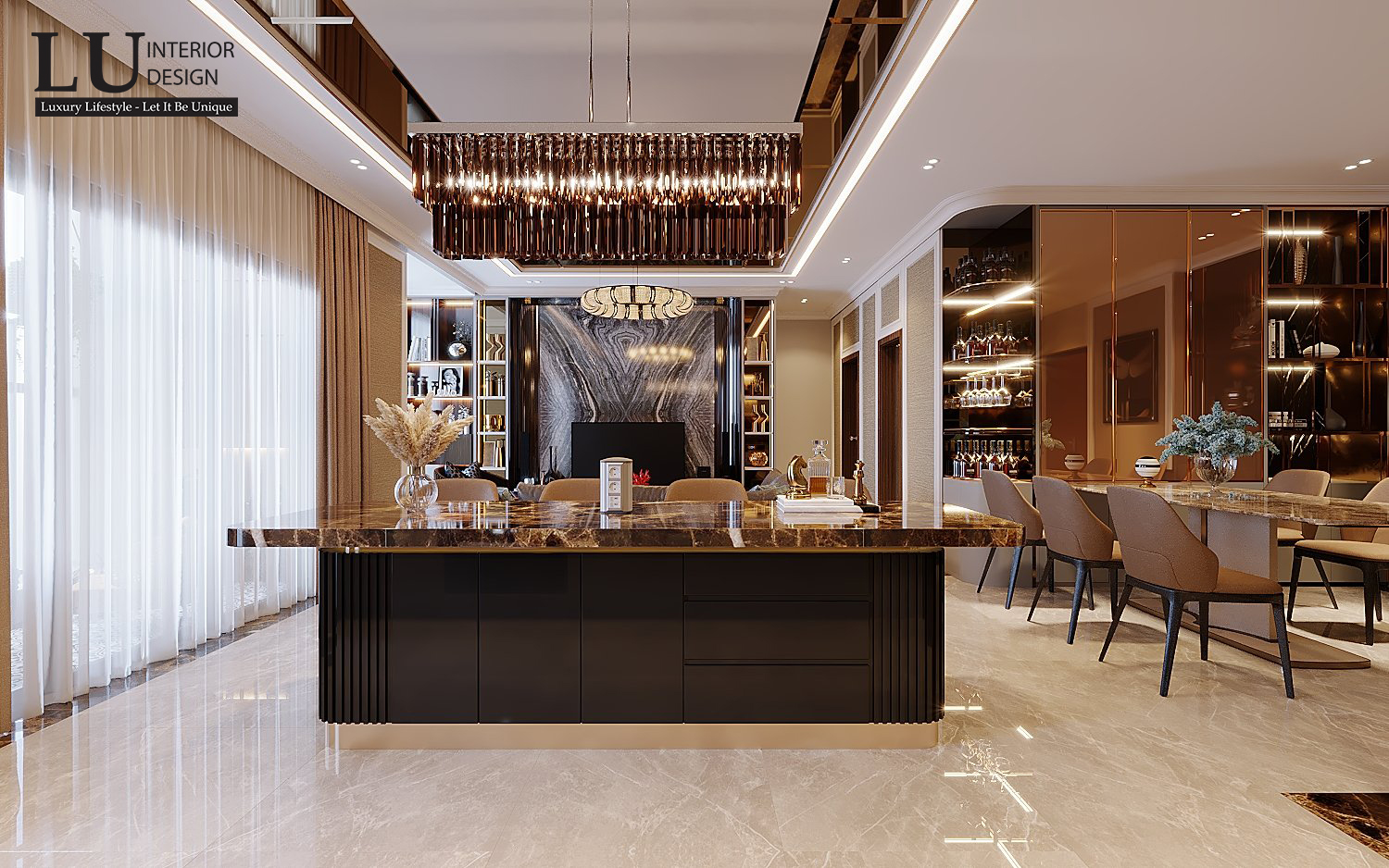 Khu vực đảo bếp được các KTS tài hoa tại LU Design sử dụng là vách ngăn hoàn hảo để phân biệt không gian phòng khách và phòng bếp - Thiết kế căn hộ Saigon Royal bởi LU Design.