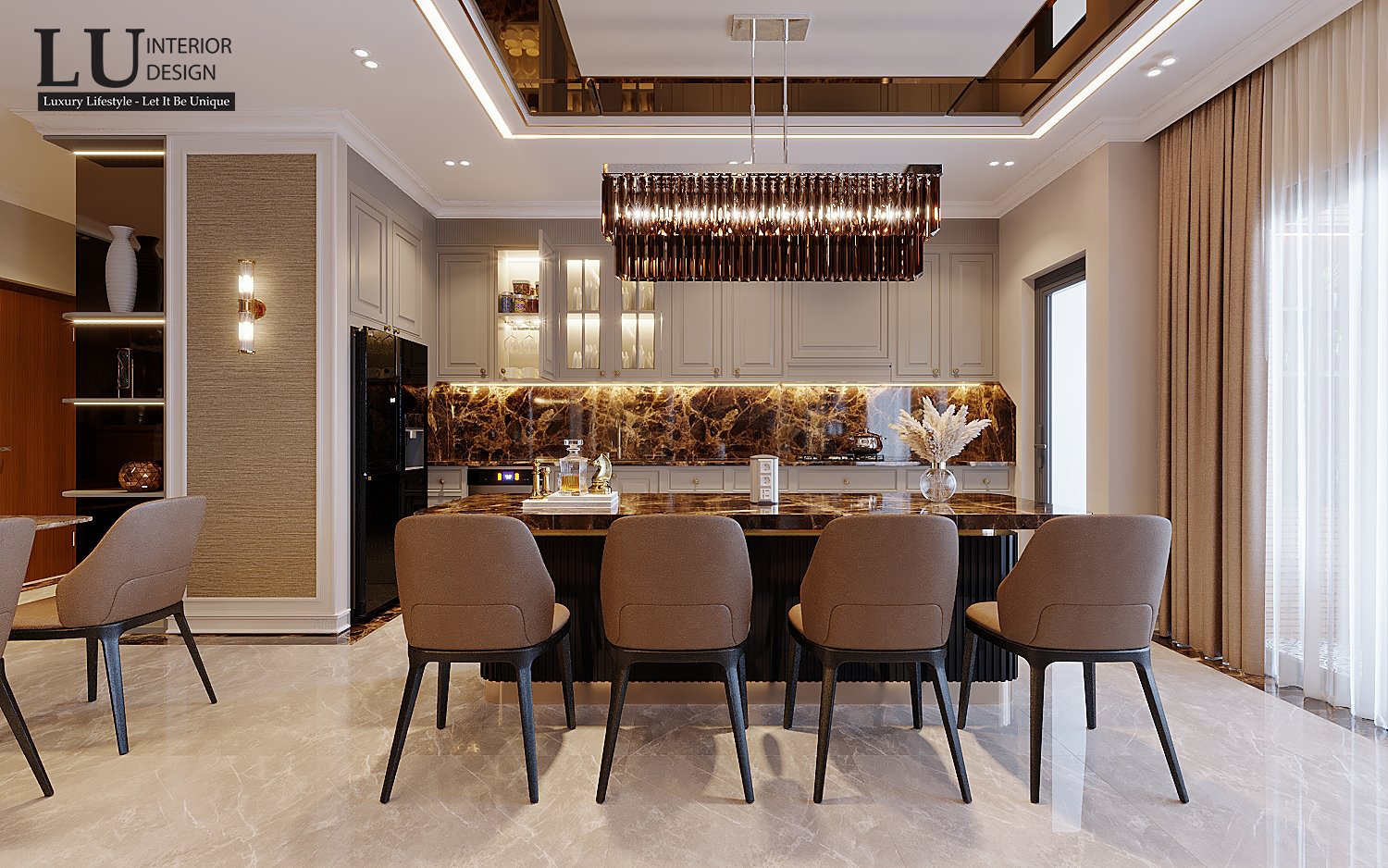 Liền kề phòng khách, đây là không gian nấu ăn với đảo bếp được ốp đá marble đồng bộ với nhau, mang lại vẻ đẹp sang trọng cho khu vực này - Thiết kế căn hộ Saigon Royal bởi LU Design.