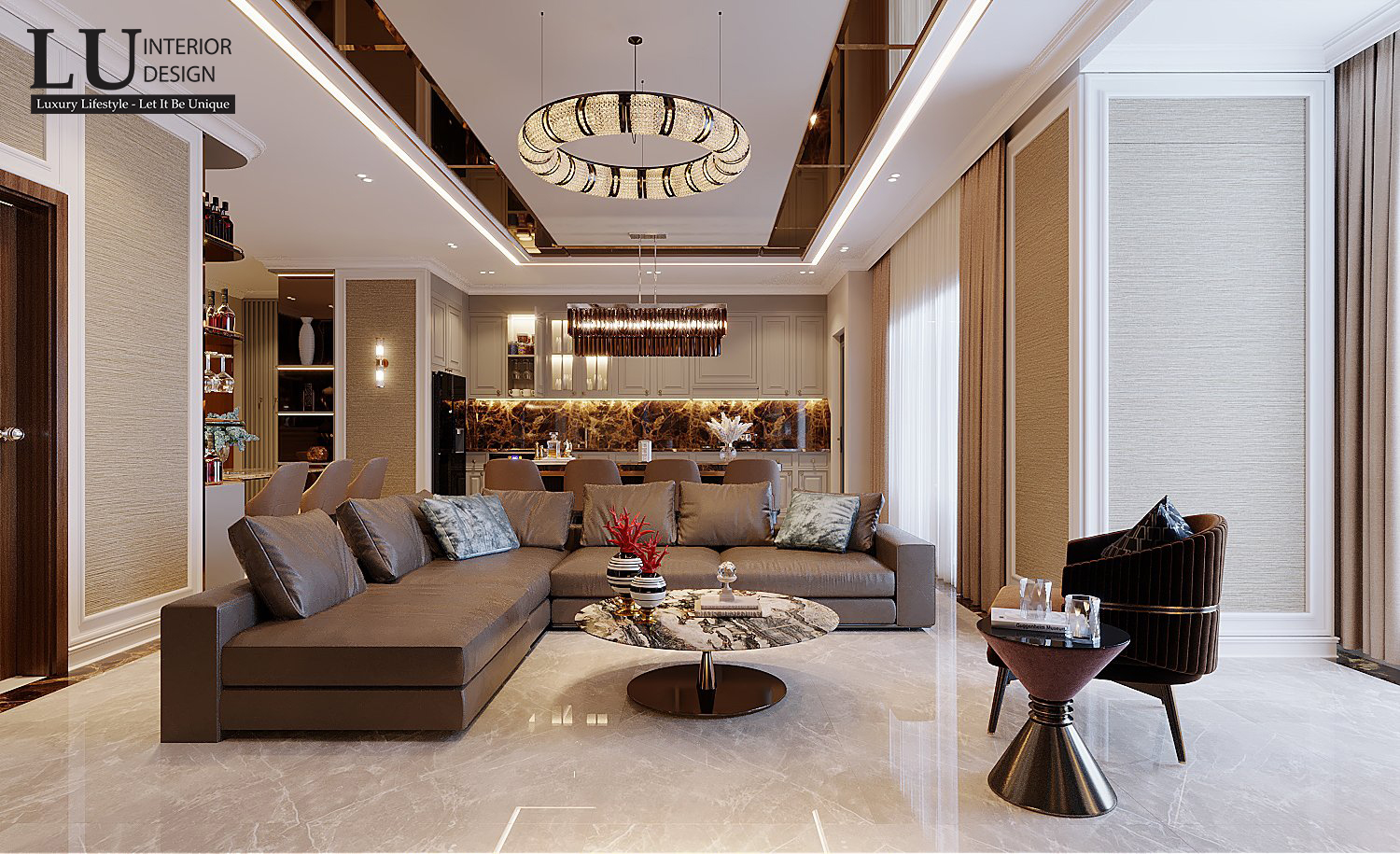 Với không gian phòng khách, KTS lựa chọn lát gạch vân đá marble sang trọng cùng tông màu trắng kem với trần nhà gợi sự đồng nhất với những bức tường trang trí tinh tế xung quanh - Thiết kế căn hộ Saigon Royal bởi LU Design.
