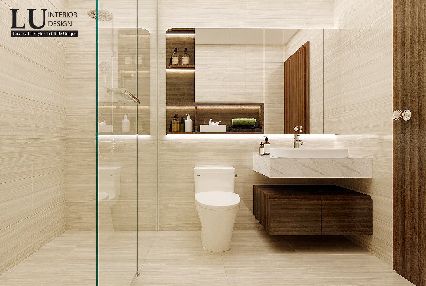 Việc sử dụng toàn bộ bằng đá cẩm thạch trắng khiến cho phòng tắm tuy sử dụng chiếu sáng nhân tạo là chủ yếu nhưng vẫn tạo cảm giác sáng sủa và thư giãn.