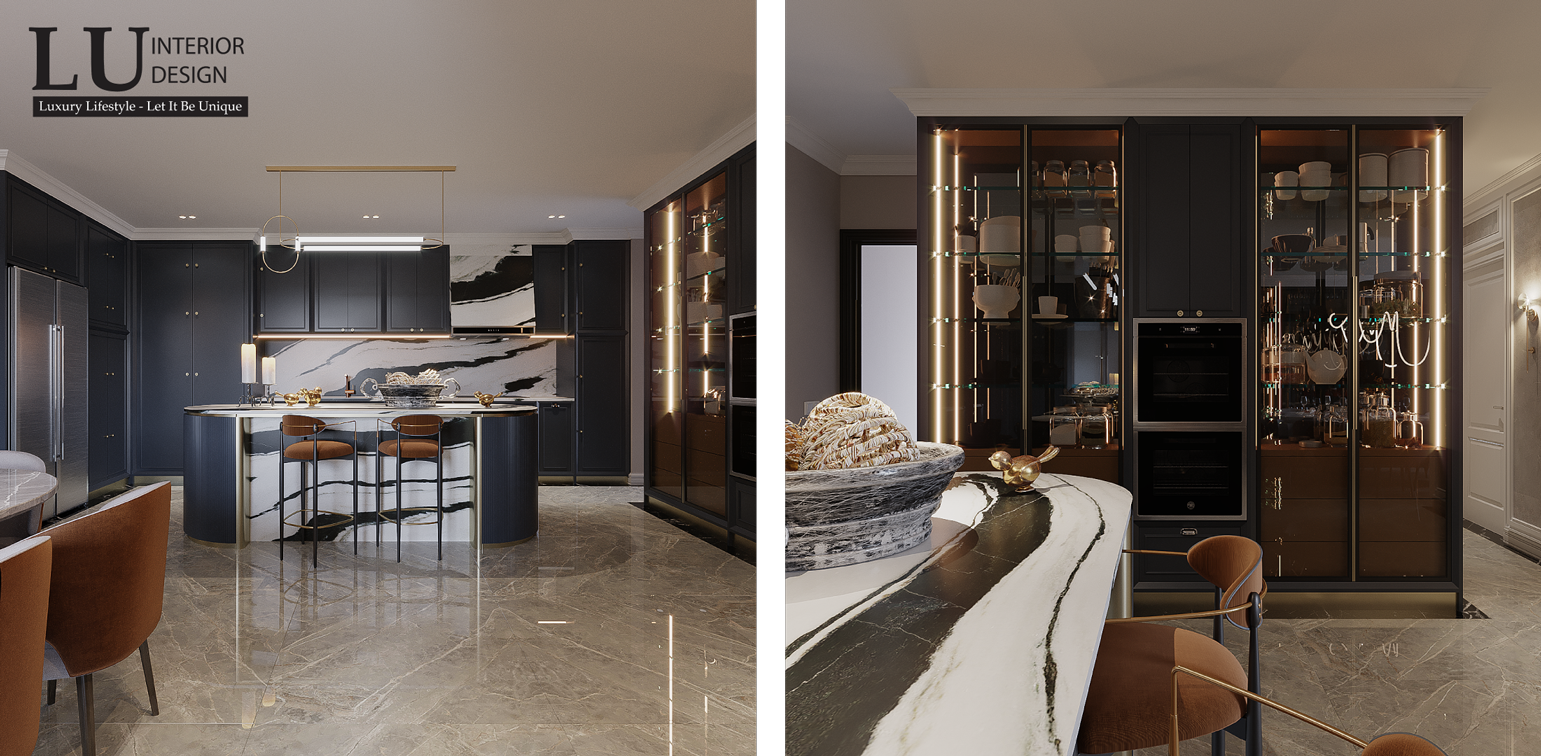 Không gian bếp thoáng rộng được ưu tiên tone màu tối giản để tăng thêm sự đồng bộ và cảm giác sang trọng cho không gian. Các vật dụng trong bếp được bố trí gọn gàng, hệ thống đèn led cho không gian thêm sáng sủa. Ảnh: LU Design