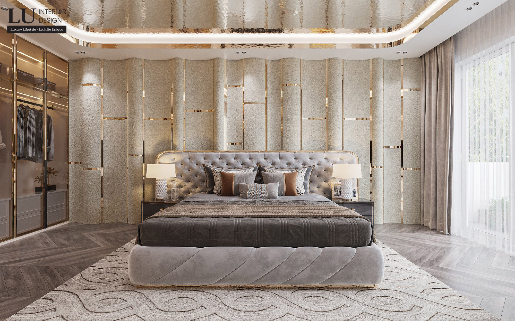 Phòng ngủ với tone màu trung tính nhưng vẫn toát lên vẻ đẹp sang trọng bởi sự nhấn nhá của đường nẹp inox mạ vàng và ánh sáng | Nhà phố Tân phú - LU Design.