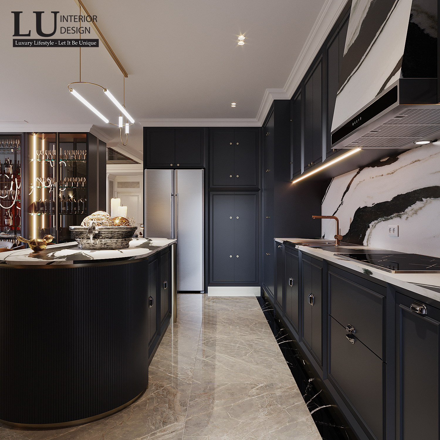 Phong cách tương phản được xen kẽ xuyên suốt từng góc bếp. Kệ và tủ sử dụng tone màu tối sạch sẽ, điểm nhấn là phần gạch ốp tường marble đen trắng tạo nên cảm giác sang trọng gọn gàng cho khu bếp. 