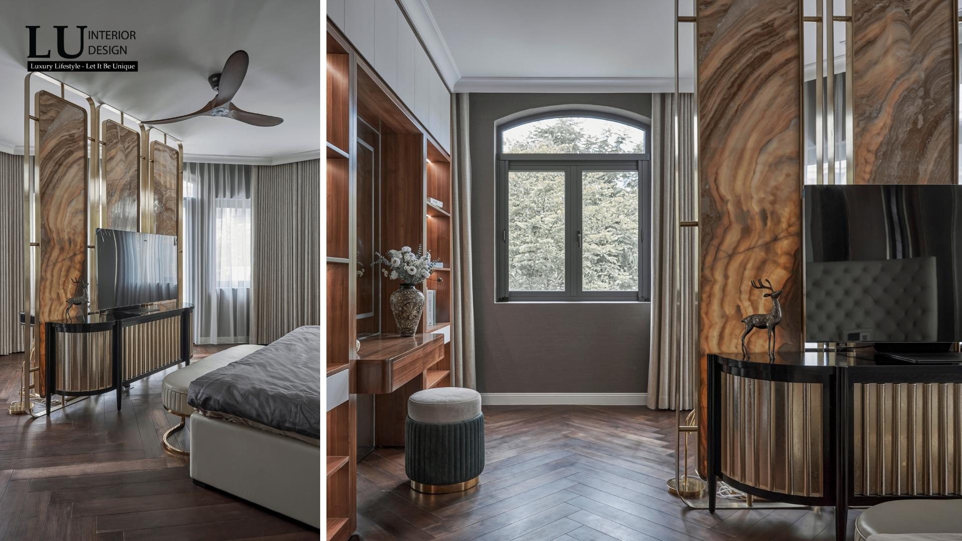 Vách đá vàng - điểm nhấn cho không gian phòng ngủ master | Dự án Victoria Village - LU Design.