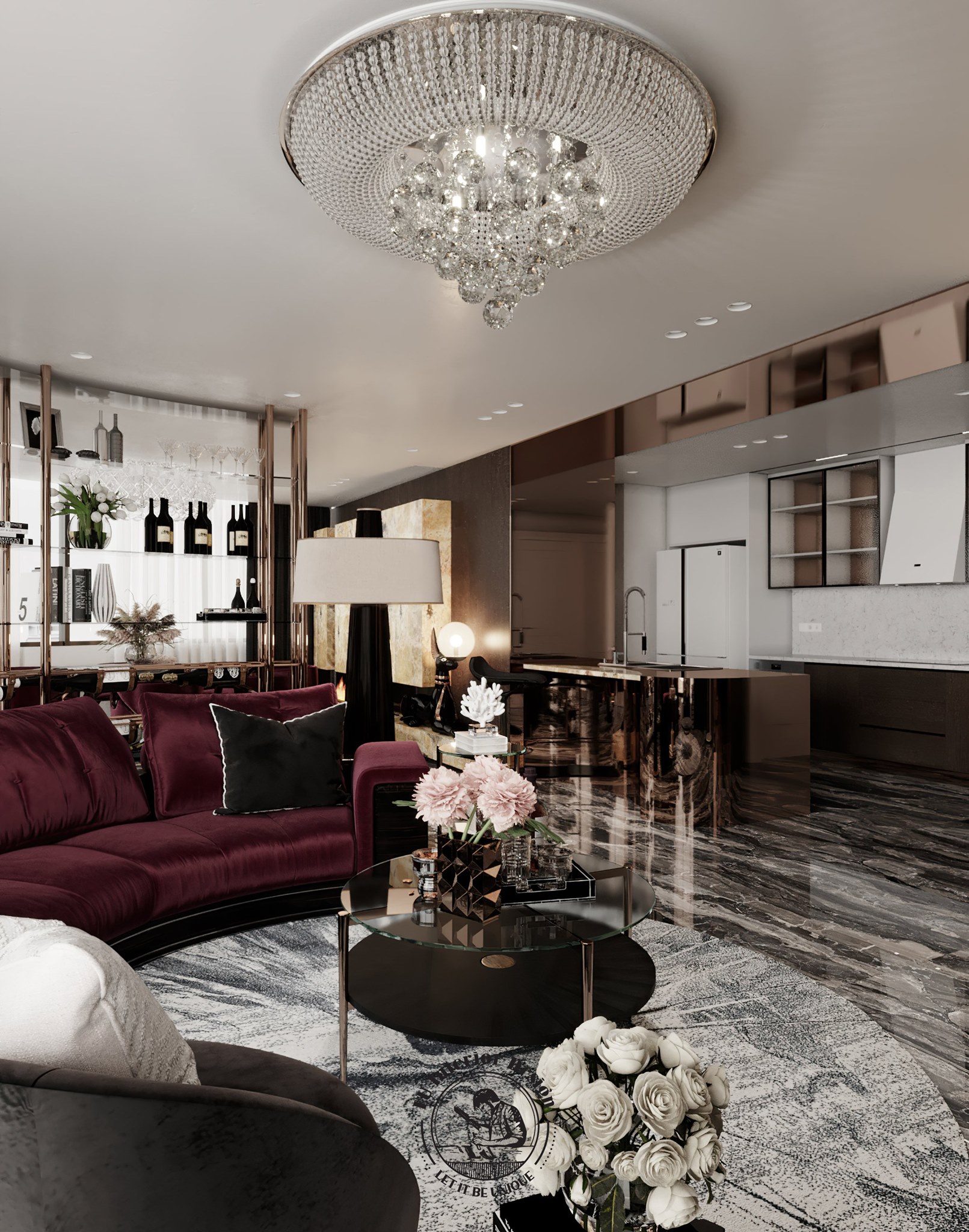 Sắc đỏ của sofa làm điểm nhấn cho không gian phòng khách thêm sang trọng | Dự án Penthouse Vũng Tàu - LU Design thực hiện.