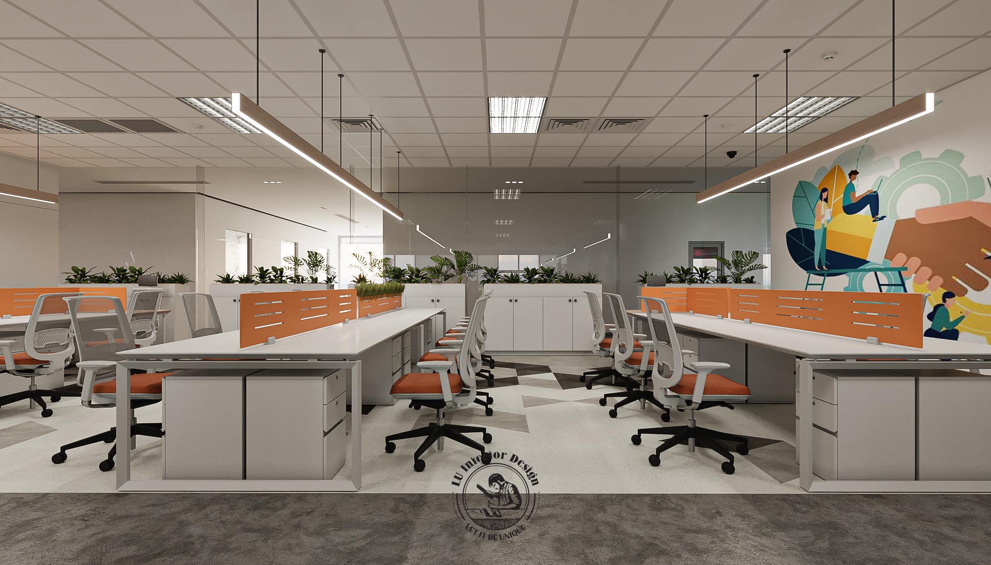 Khu làm việc mở - sử dụng gam màu cam kích thích khả năng sáng tạo, năng động, đột phá | Dự án Thiên Long Group - LU Design thực hiện.
