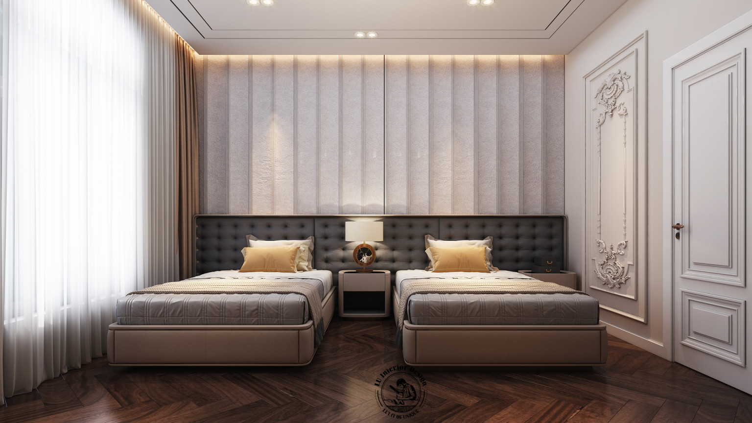 Sử dụng gam màu xám - trắng chủ đạo, kết hợp cùng đường nét tinh gọn của đồ nội thất trong phòng ngủ | Dự án Victoria Quận 2 - LU Design.