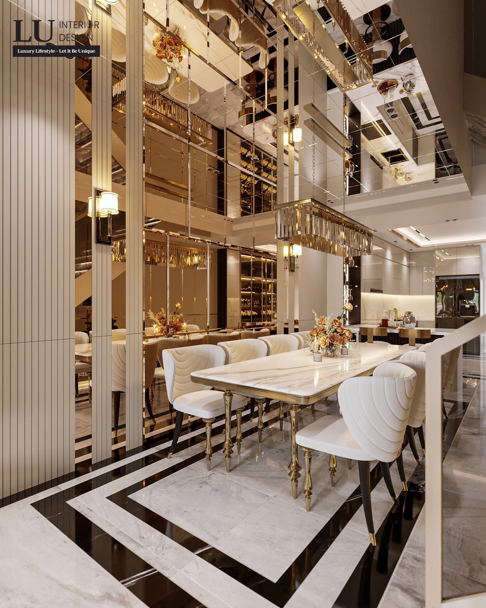 KTS sử dụng gương ốp vách trang trí 3 chiều để tạo hiệu ứng nhân đôi chiều rộng cho không gian phòng ăn | Nhà phố Tân phú - LU Design.